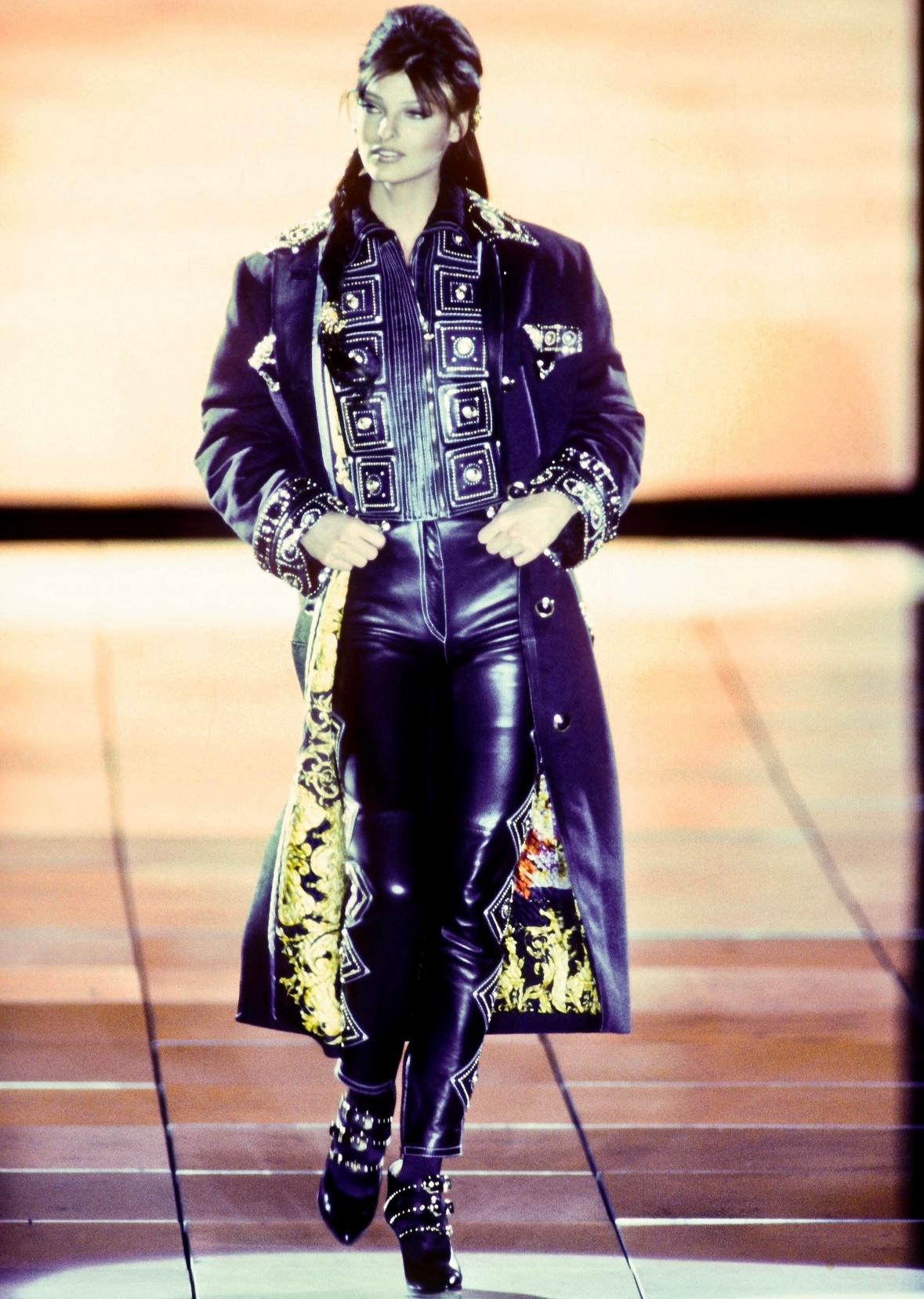 F/W 1992 Gianni Versace 'Miss S&M' Runway Studded Leather Trim Wool Trench Coat - RealList