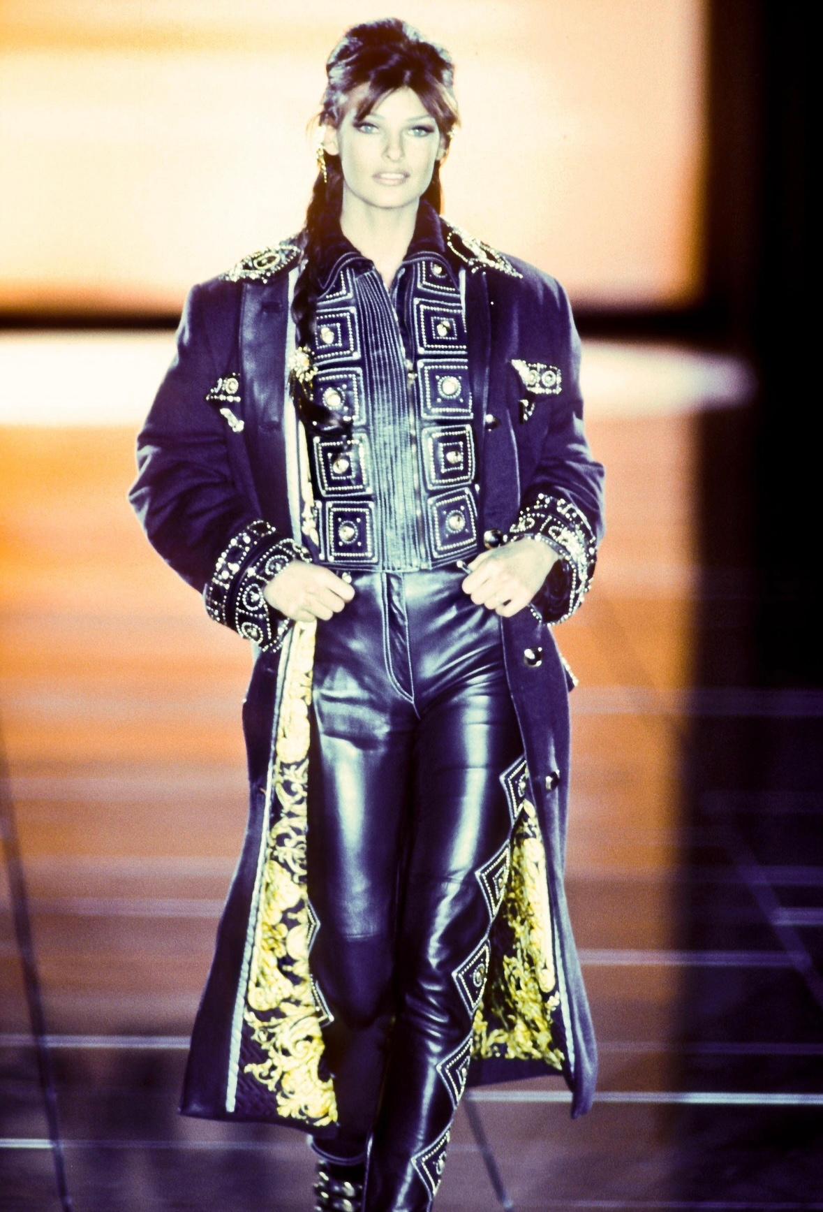 F/W 1992 Gianni Versace 'Miss S&M' Runway Studded Leather Trim Wool Trench Coat - RealList