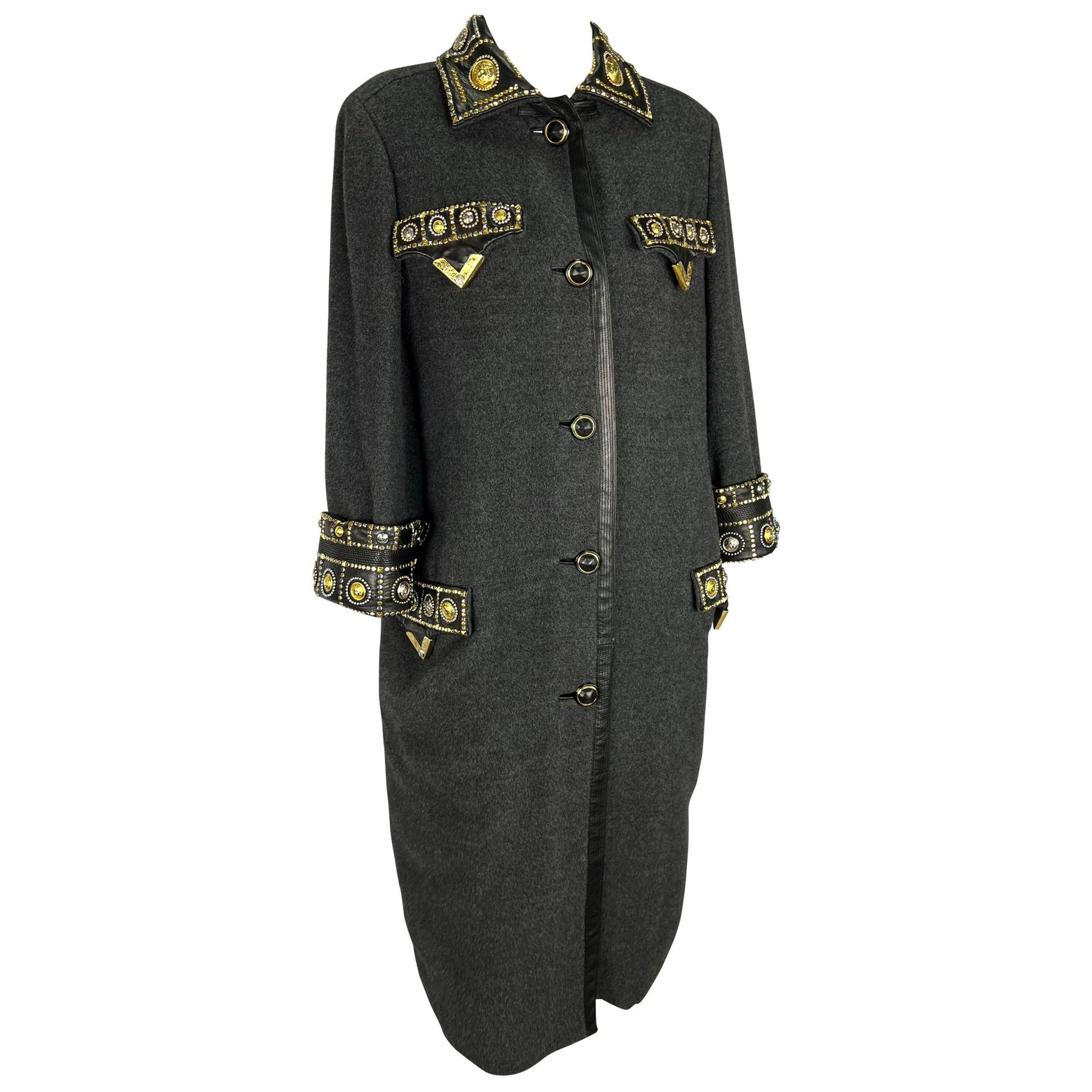 F/W 1992 Gianni Versace 'Miss S&M' Runway Studded Leather Trim Wool Trench Coat - RealList