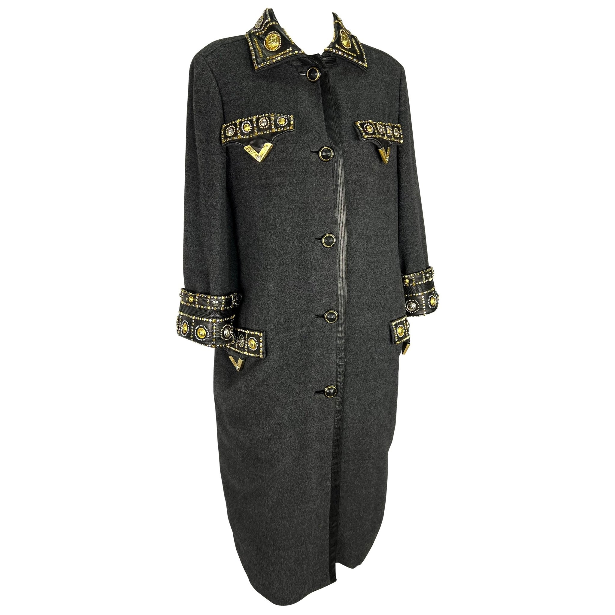 F/W 1992 Gianni Versace 'Miss S&M' Runway Studded Leather Trim Wool Trench Coat - RealList