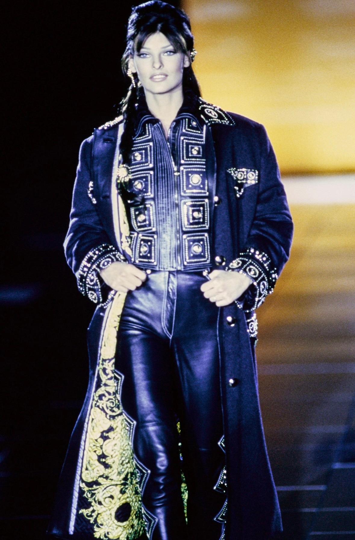 F/W 1992 Gianni Versace 'Miss S&M' Runway Studded Leather Trim Wool Trench Coat - RealList