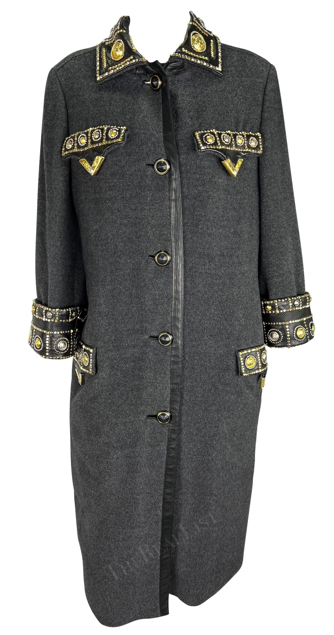 F/W 1992 Gianni Versace 'Miss S&M' Runway Studded Leather Trim Wool Trench Coat - RealList