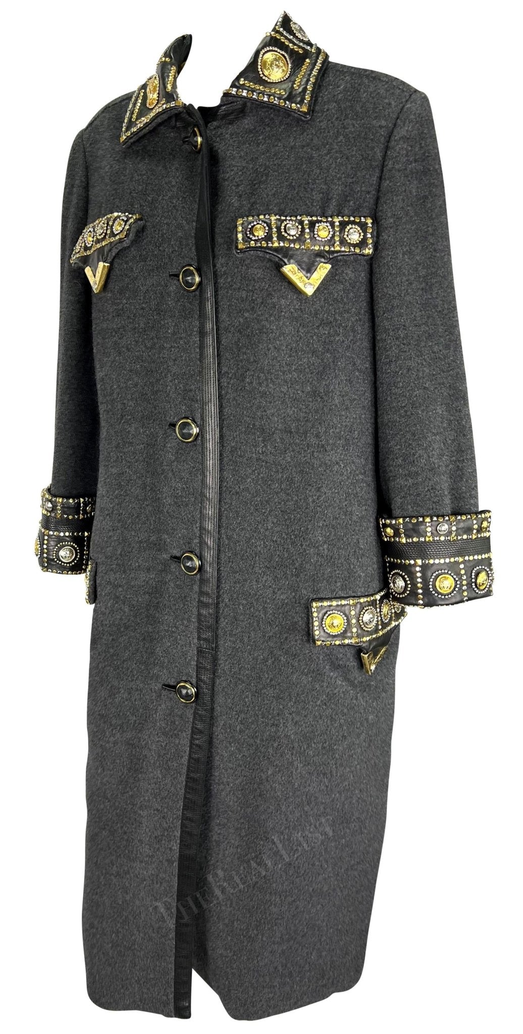 F/W 1992 Gianni Versace 'Miss S&M' Runway Studded Leather Trim Wool Trench Coat - RealList