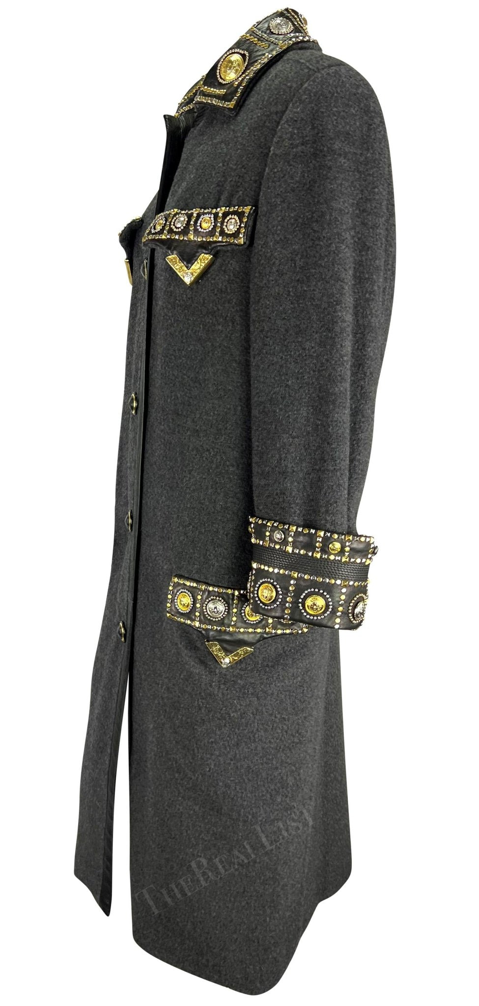 F/W 1992 Gianni Versace 'Miss S&M' Runway Studded Leather Trim Wool Trench Coat - RealList