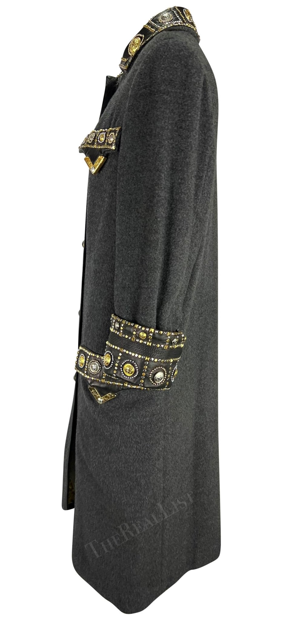 F/W 1992 Gianni Versace 'Miss S&M' Runway Studded Leather Trim Wool Trench Coat - RealList