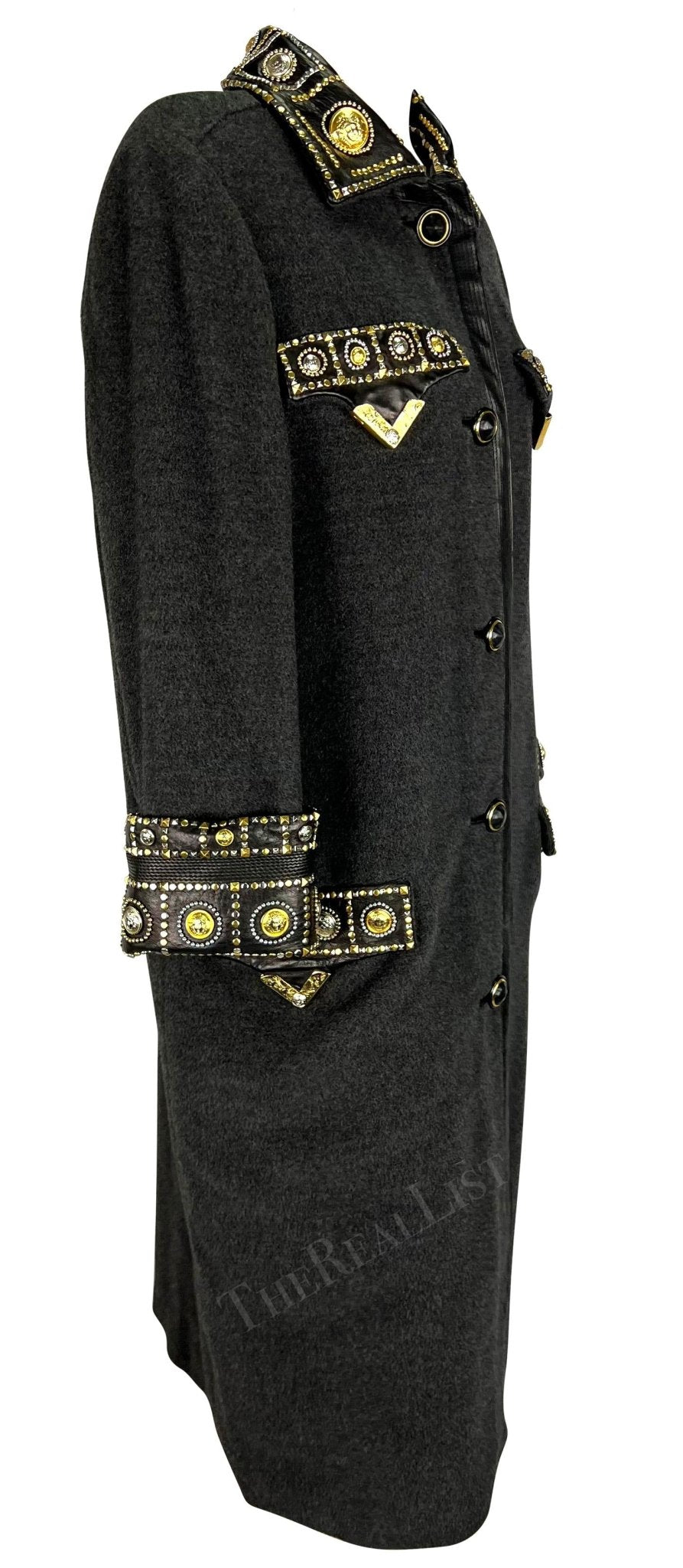 F/W 1992 Gianni Versace 'Miss S&M' Runway Studded Leather Trim Wool Trench Coat - RealList