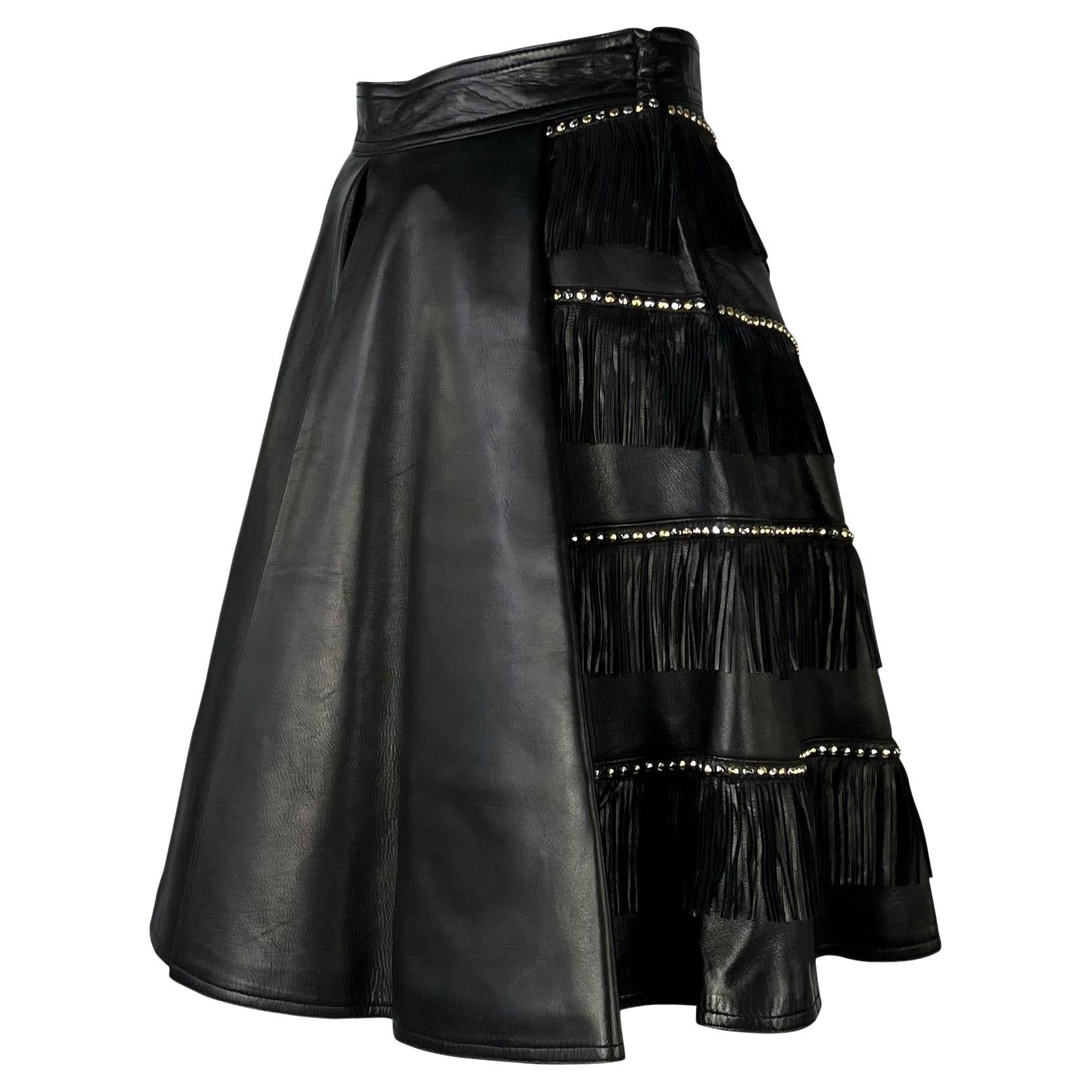 F/W 1992 Gianni Versace 'Miss S&M' Studded Leather Fringe Bondage A - Line Skirt - RealList