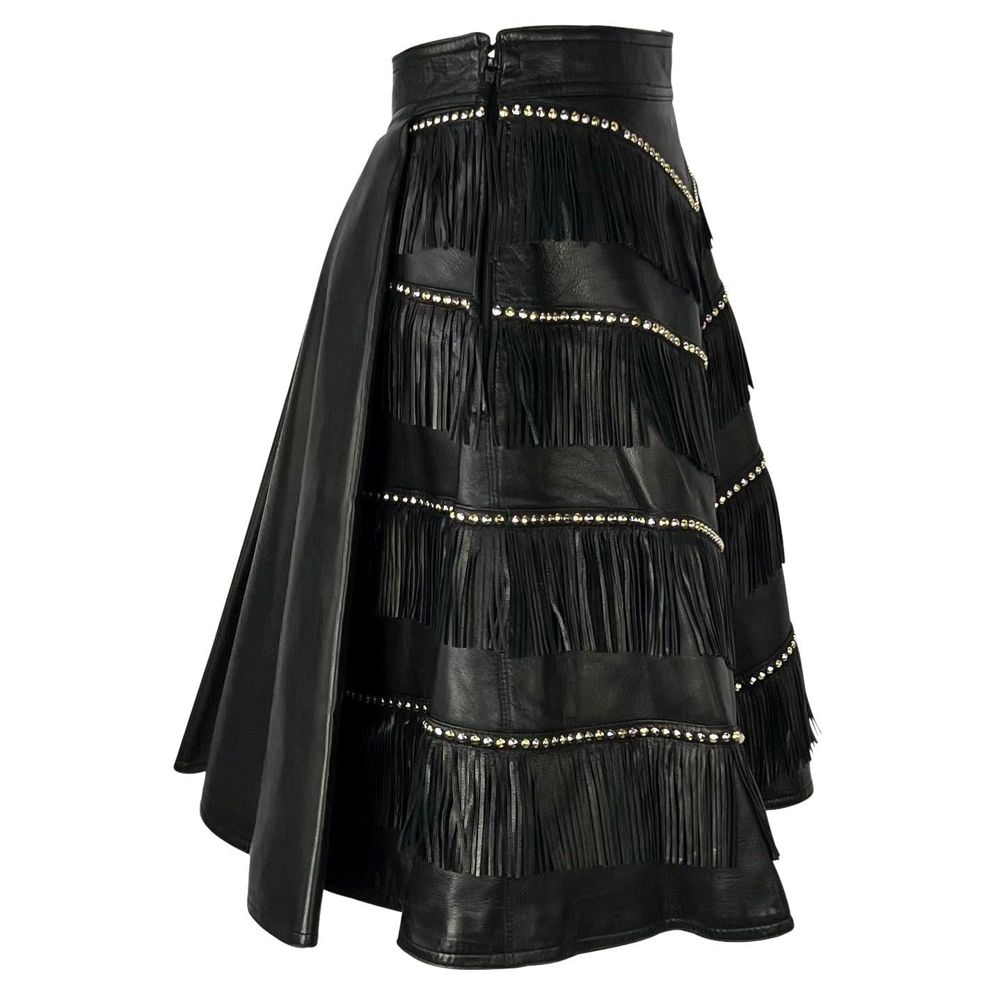 F/W 1992 Gianni Versace 'Miss S&M' Studded Leather Fringe Bondage A - Line Skirt - RealList