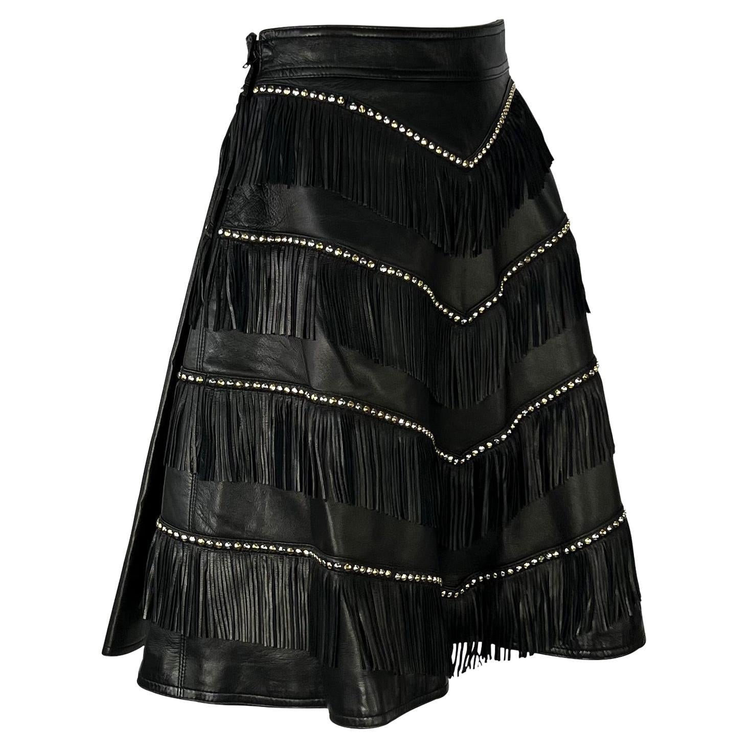 F/W 1992 Gianni Versace 'Miss S&M' Studded Leather Fringe Bondage A - Line Skirt - RealList