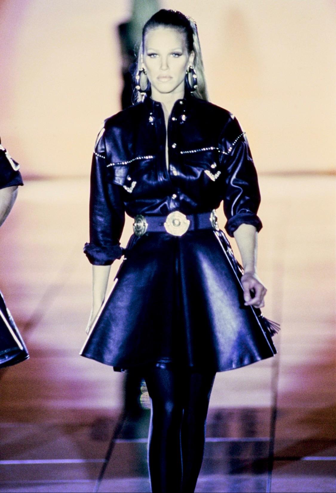 F/W 1992 Gianni Versace 'Miss S&M' Studded Leather Fringe Bondage A - Line Skirt - RealList