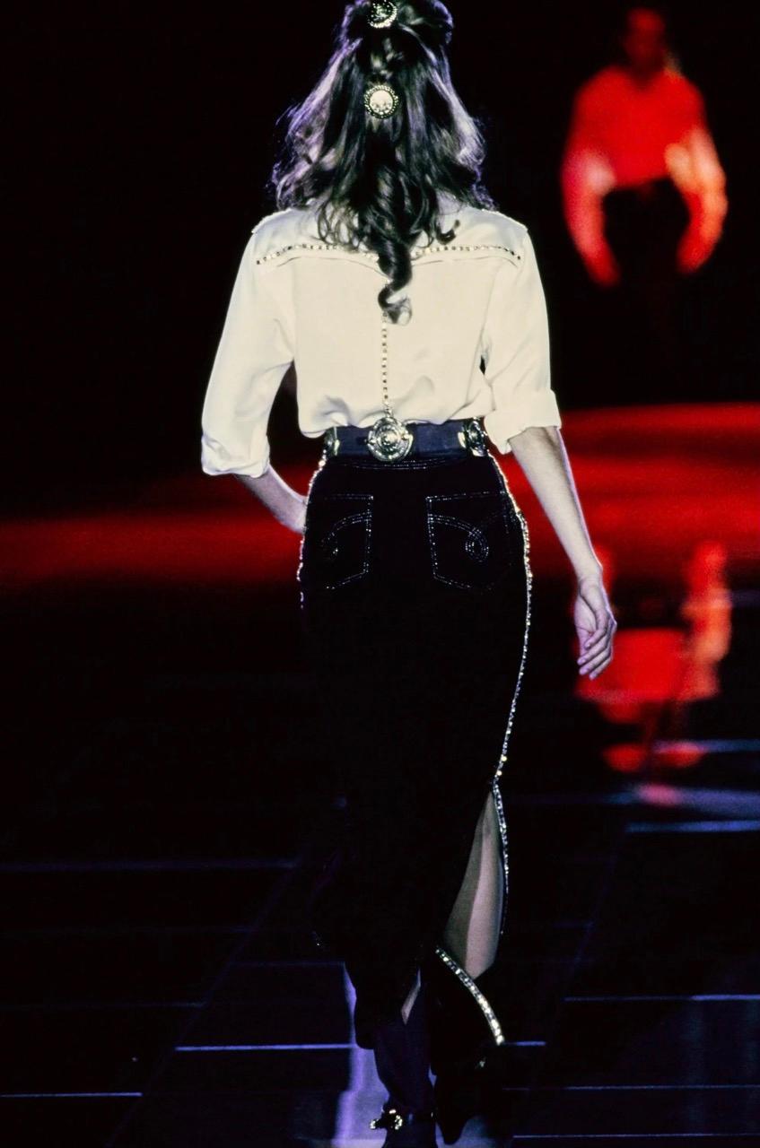 F/W 1992 Gianni Versace Runway Ad Rhinestone Gold Slit Full Length Skirt - RealList