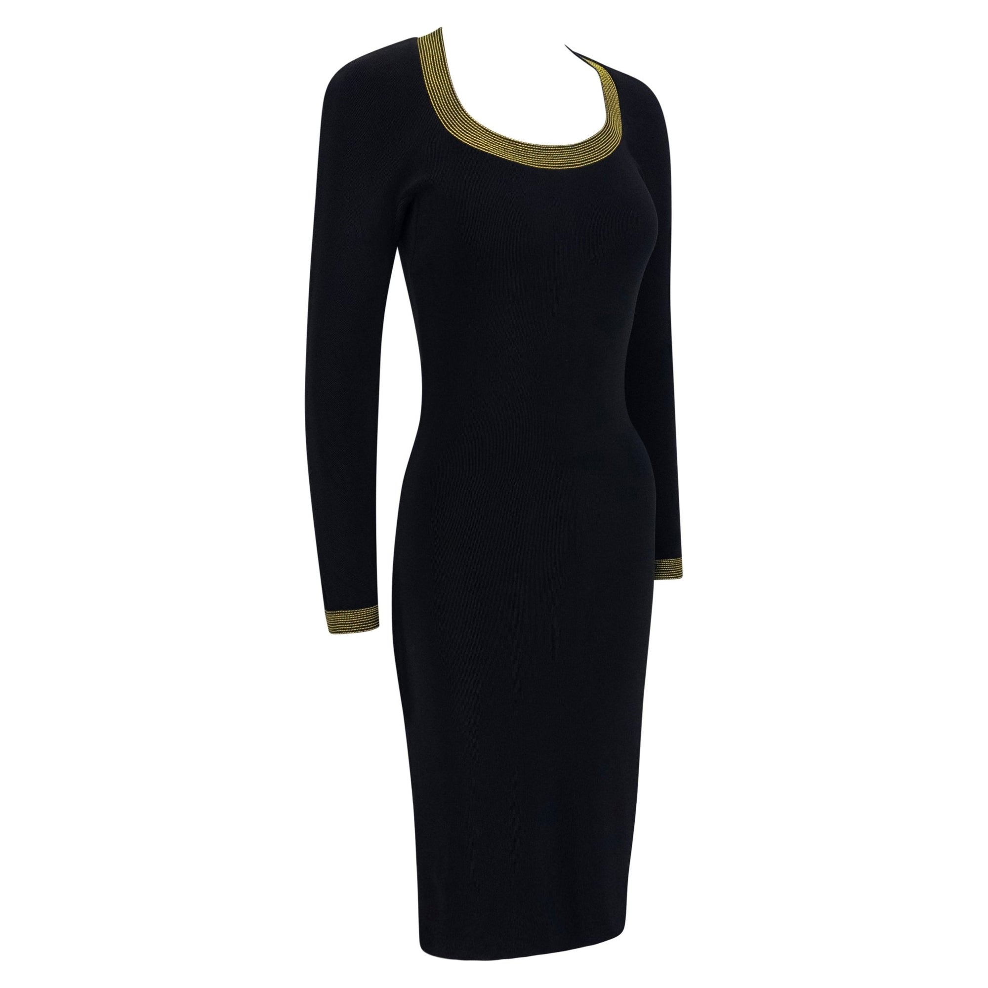 F/W 1992 Gianni Versace Runway 'Miss S&M' Black Bodycon Yellow Trim Long - Sleeve Dress - RealList