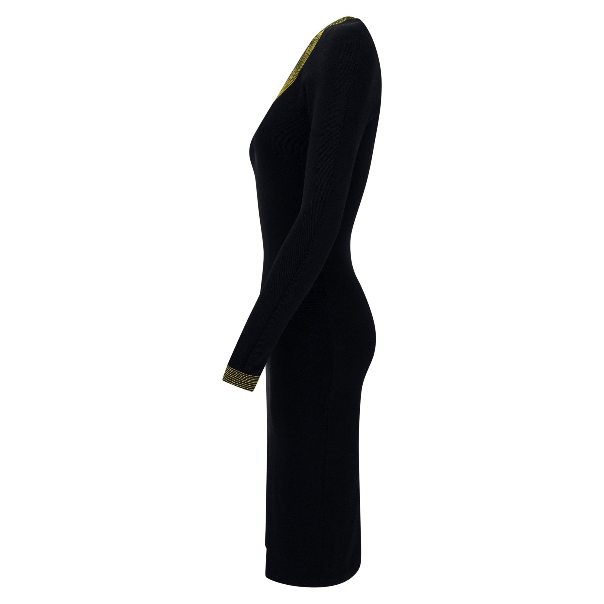 F/W 1992 Gianni Versace Runway 'Miss S&M' Black Bodycon Yellow Trim Long - Sleeve Dress - RealList