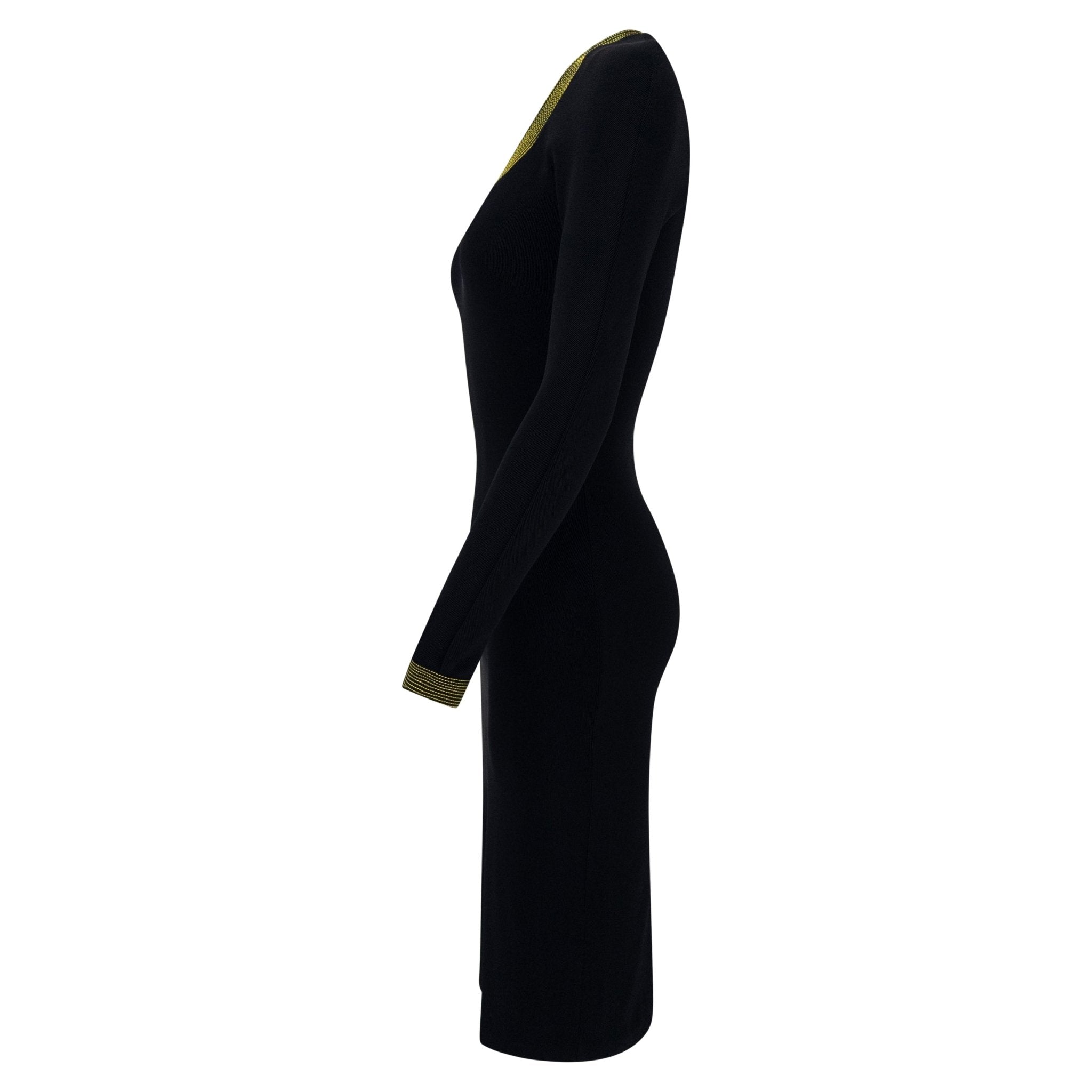 F/W 1992 Gianni Versace Runway 'Miss S&M' Black Bodycon Yellow Trim Long - Sleeve Dress - RealList