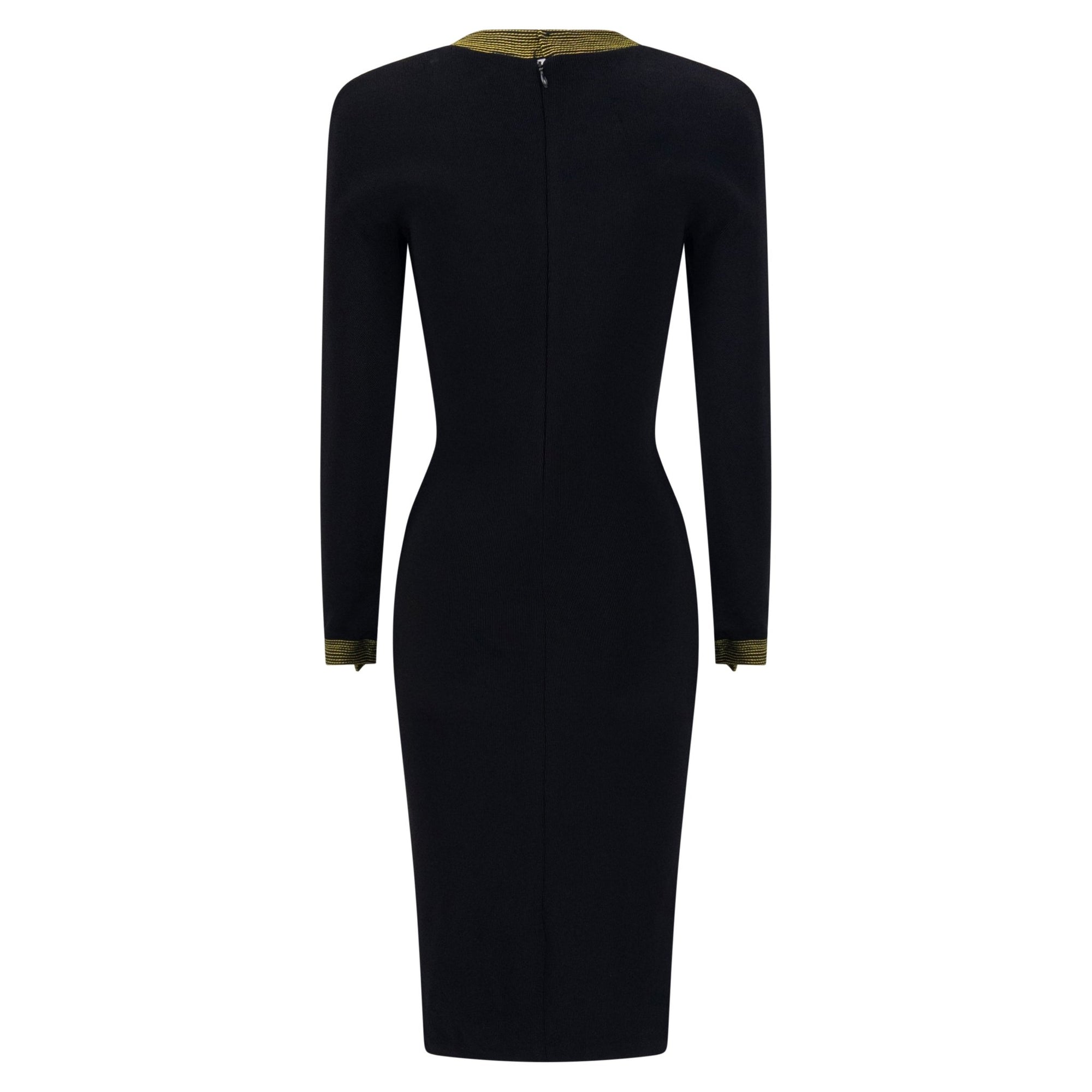 F/W 1992 Gianni Versace Runway 'Miss S&M' Black Bodycon Yellow Trim Long - Sleeve Dress - RealList