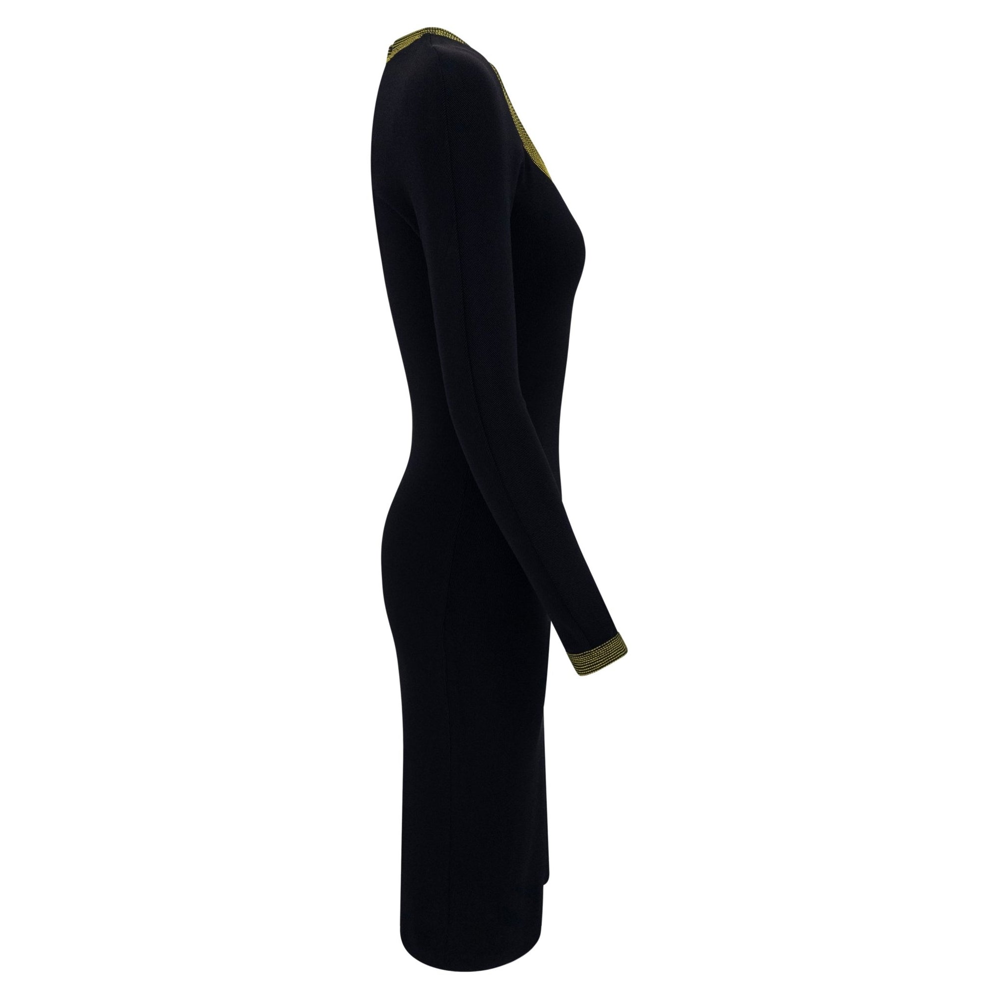 F/W 1992 Gianni Versace Runway 'Miss S&M' Black Bodycon Yellow Trim Long - Sleeve Dress - RealList