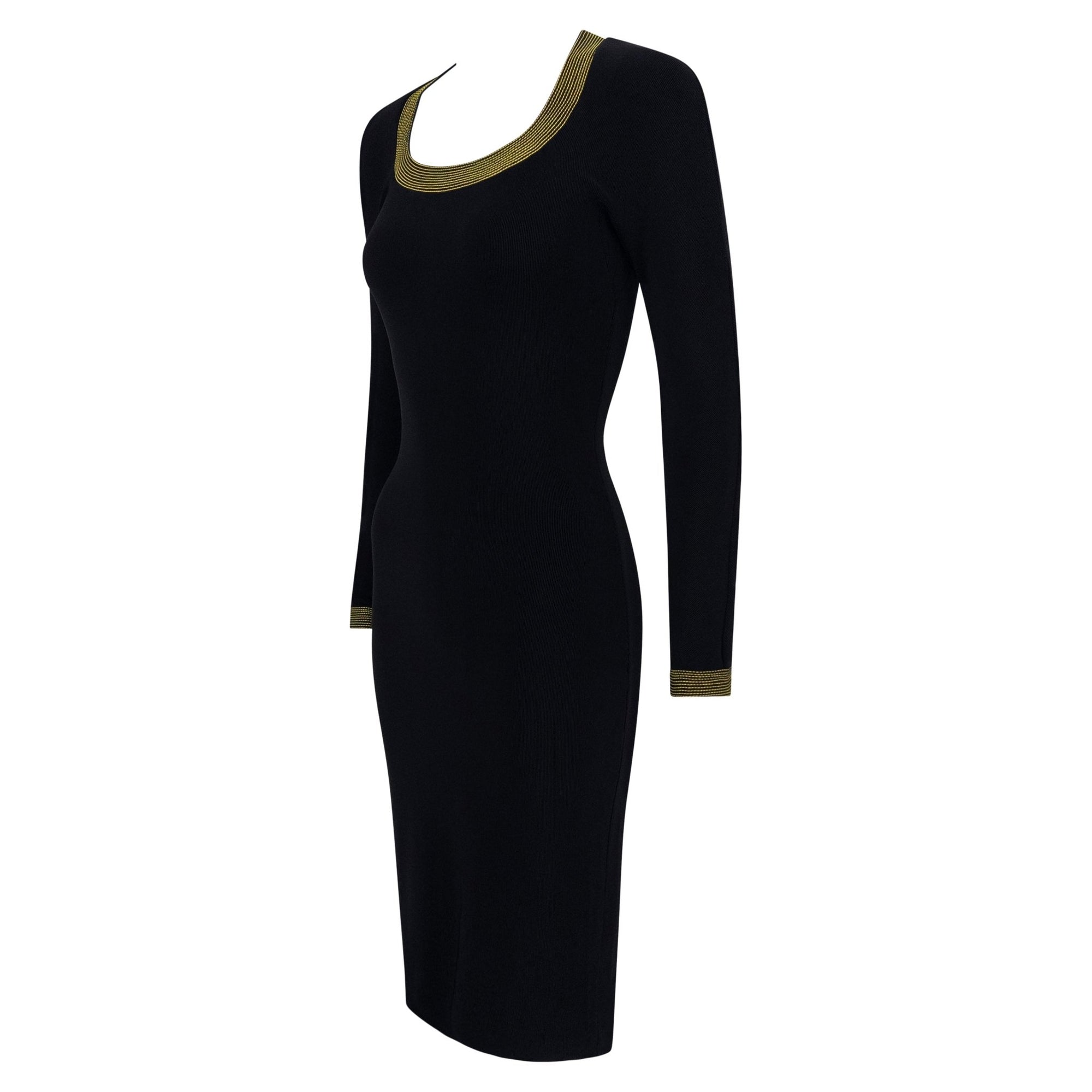 F/W 1992 Gianni Versace Runway 'Miss S&M' Black Bodycon Yellow Trim Long - Sleeve Dress - RealList