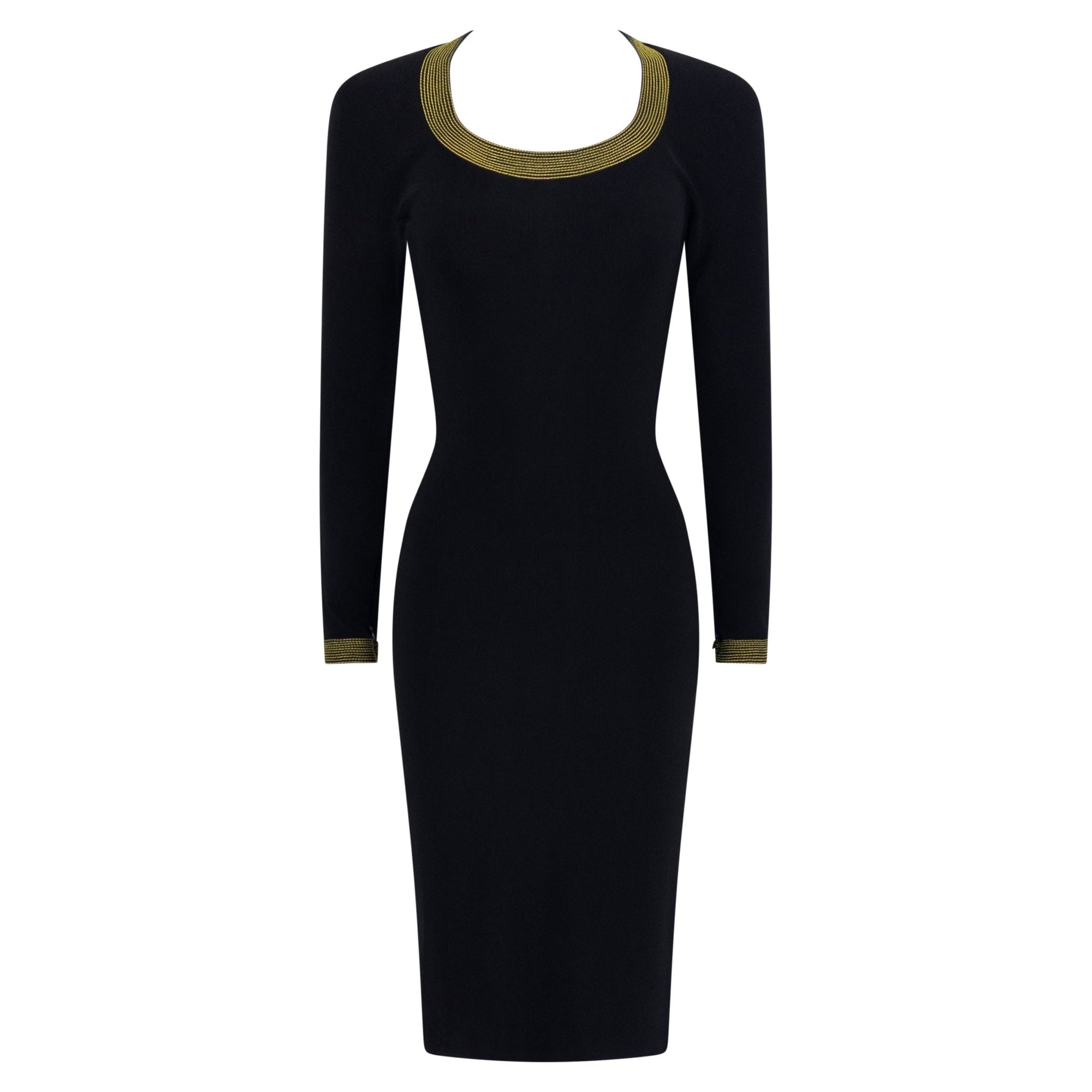 F/W 1992 Gianni Versace Runway 'Miss S&M' Black Bodycon Yellow Trim Long - Sleeve Dress - RealList