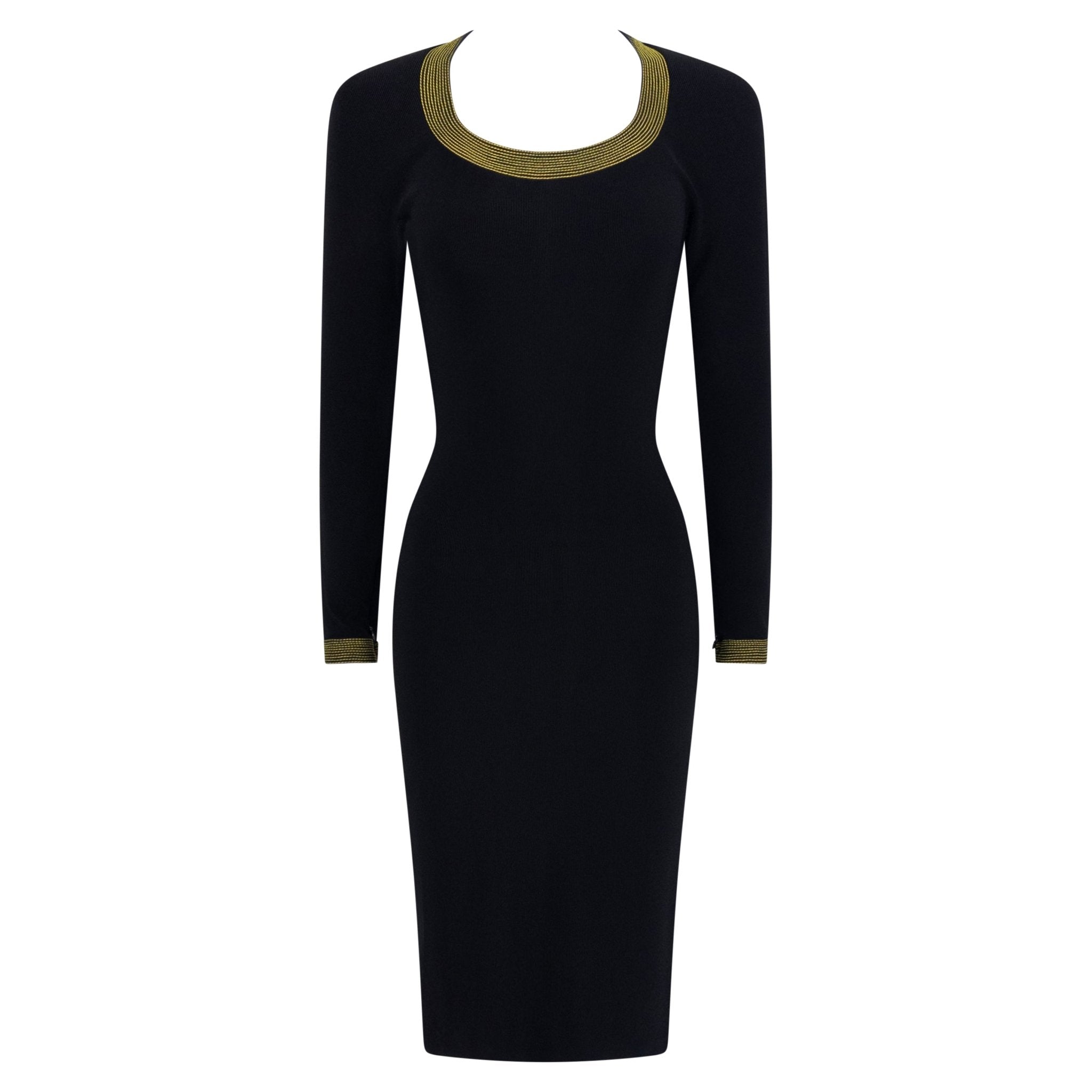 F/W 1992 Gianni Versace Runway 'Miss S&M' Black Bodycon Yellow Trim Long - Sleeve Dress - RealList
