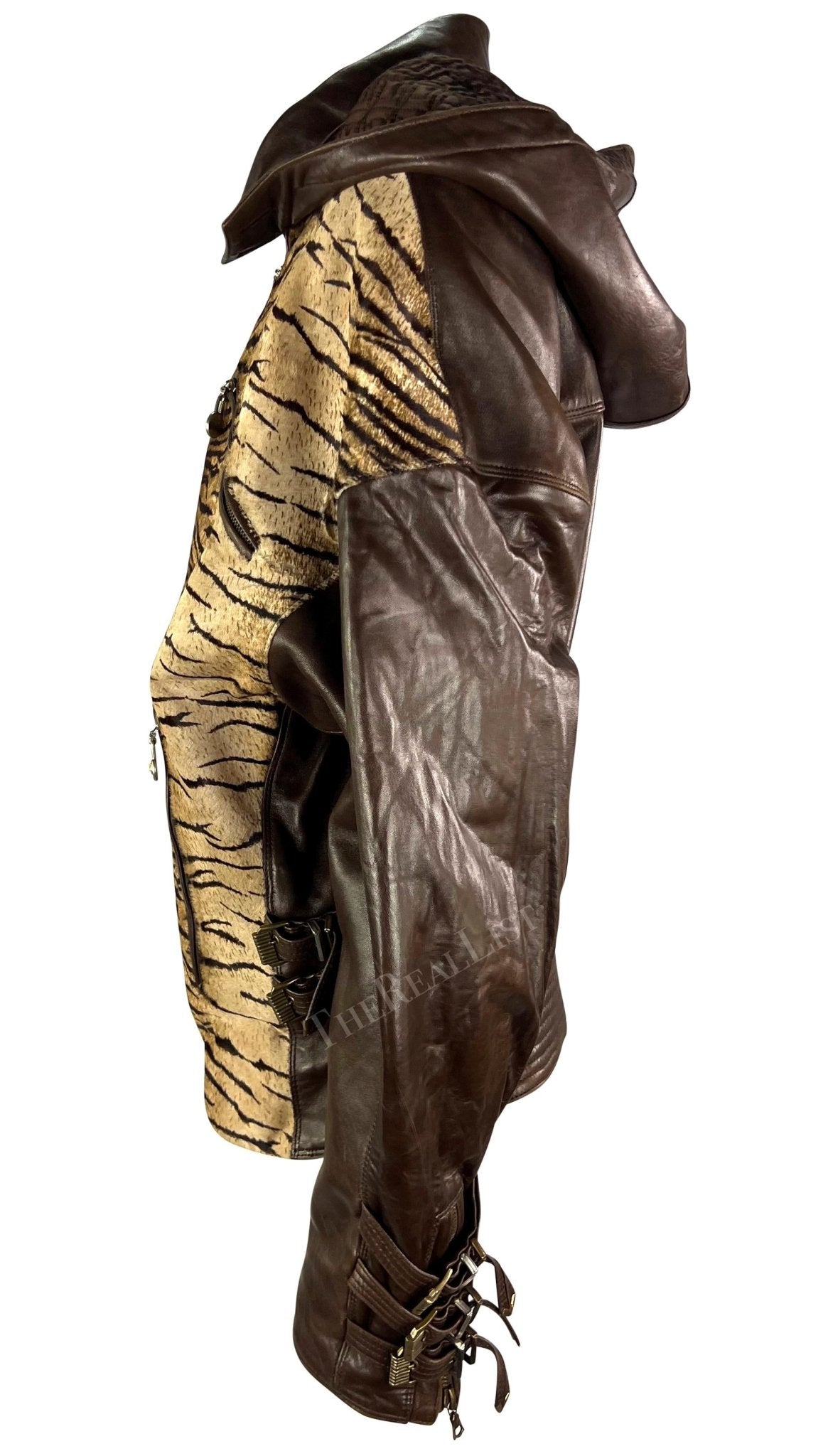 F/W 1992 Gianni Versace S&M Brown Leather Tiger Cowhide Buckle Oversized Jacket - RealList