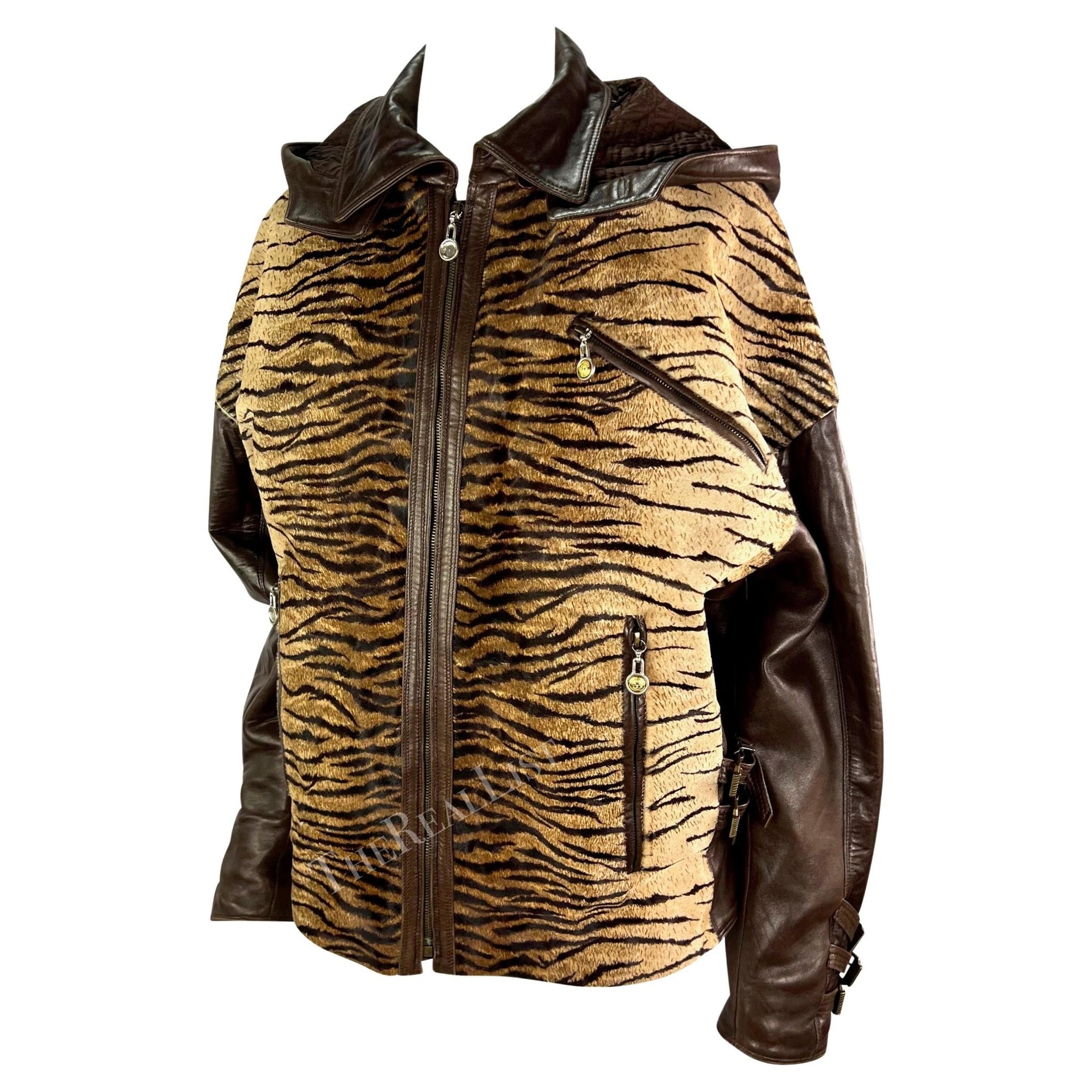 F/W 1992 Gianni Versace S&M Brown Leather Tiger Cowhide Buckle Oversized Jacket - RealList