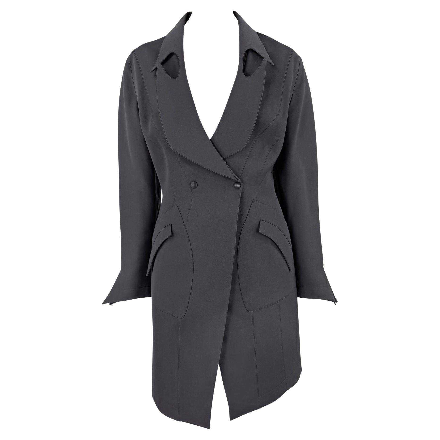 F/W 1992 Thierry Mugler Documented Sculpted Panel Grey Wool Coat Dress - RealList