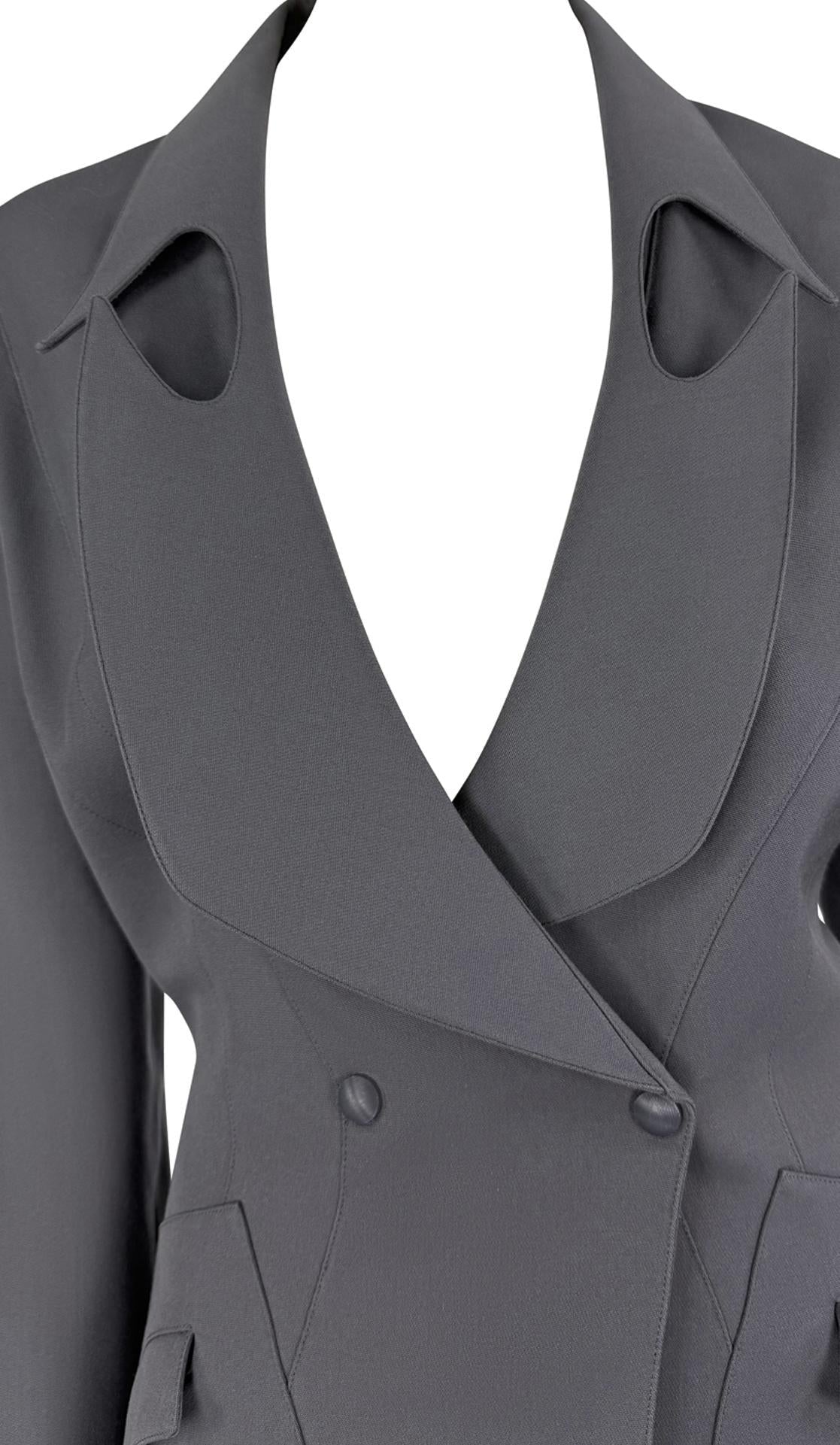 F/W 1992 Thierry Mugler Documented Sculpted Panel Grey Wool Coat Dress - RealList