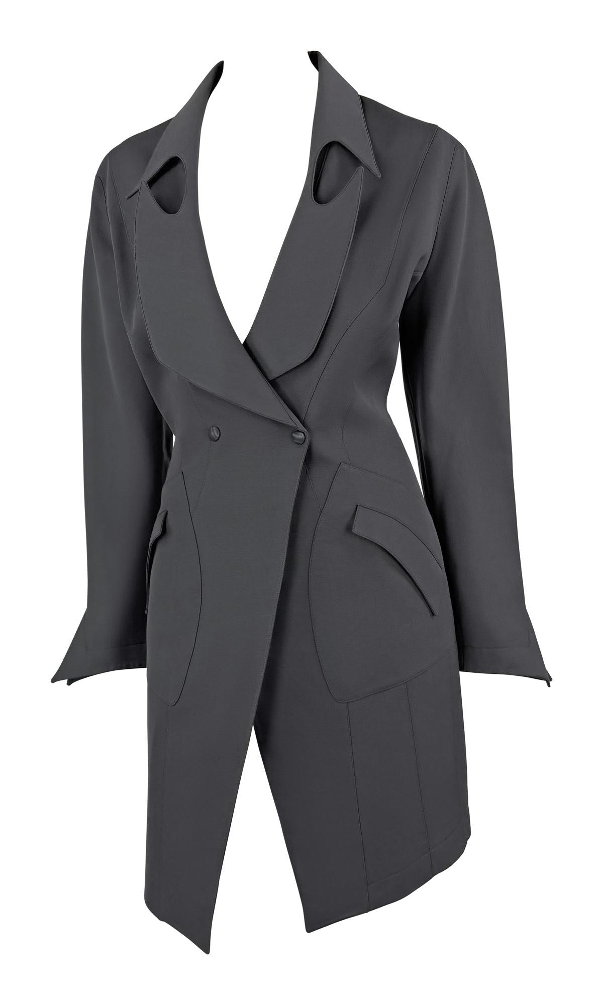 F/W 1992 Thierry Mugler Documented Sculpted Panel Grey Wool Coat Dress - RealList