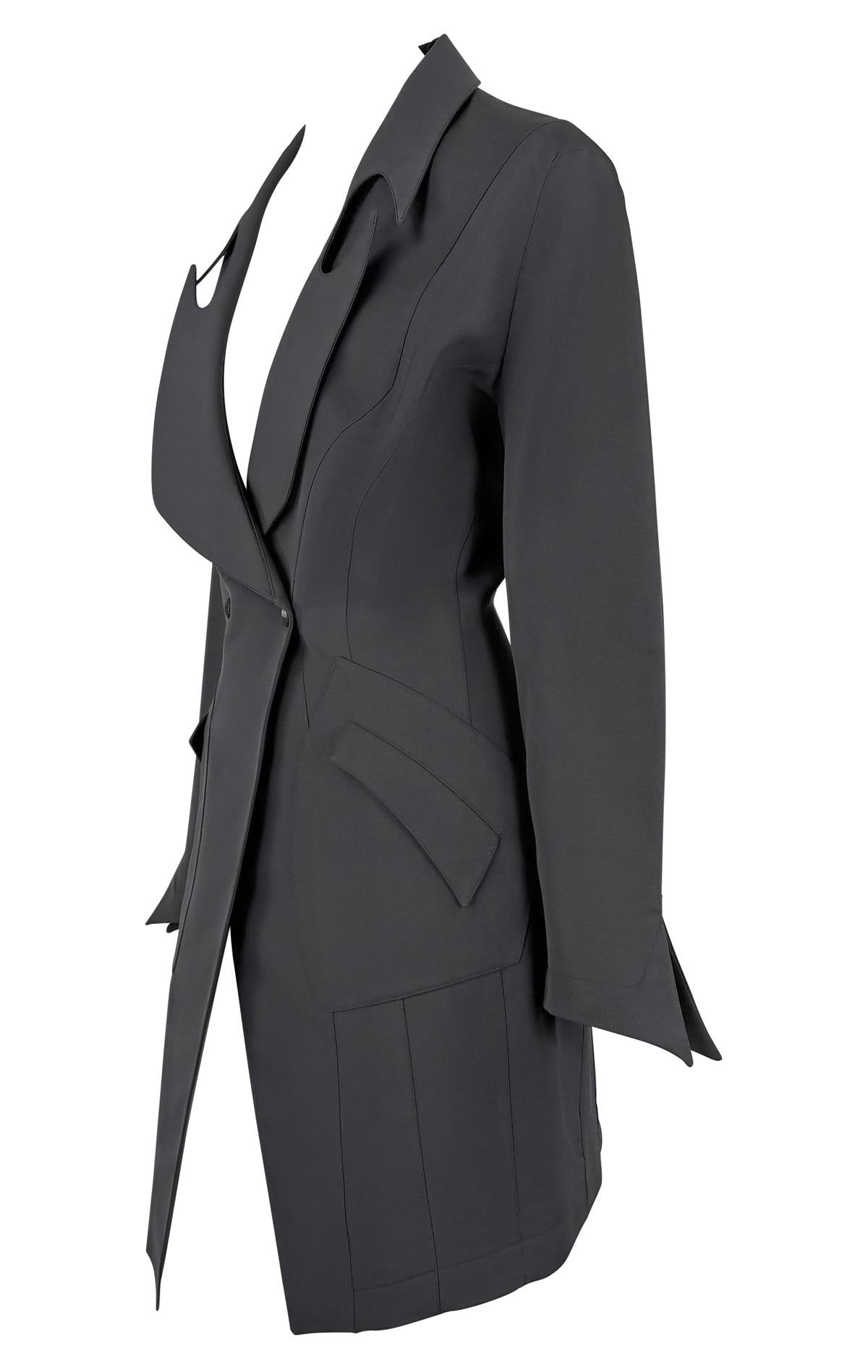 F/W 1992 Thierry Mugler Documented Sculpted Panel Grey Wool Coat Dress - RealList