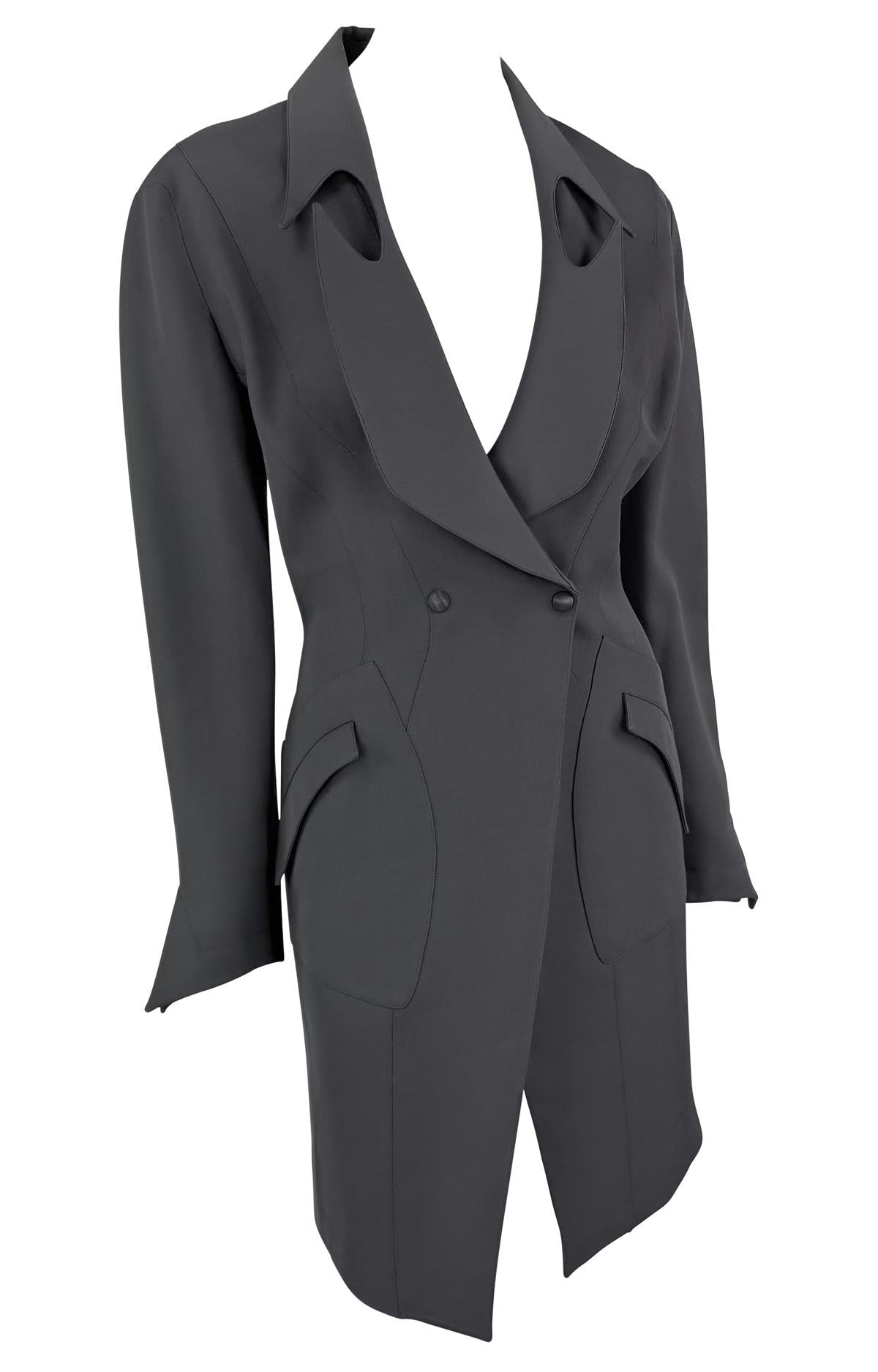 F/W 1992 Thierry Mugler Documented Sculpted Panel Grey Wool Coat Dress - RealList