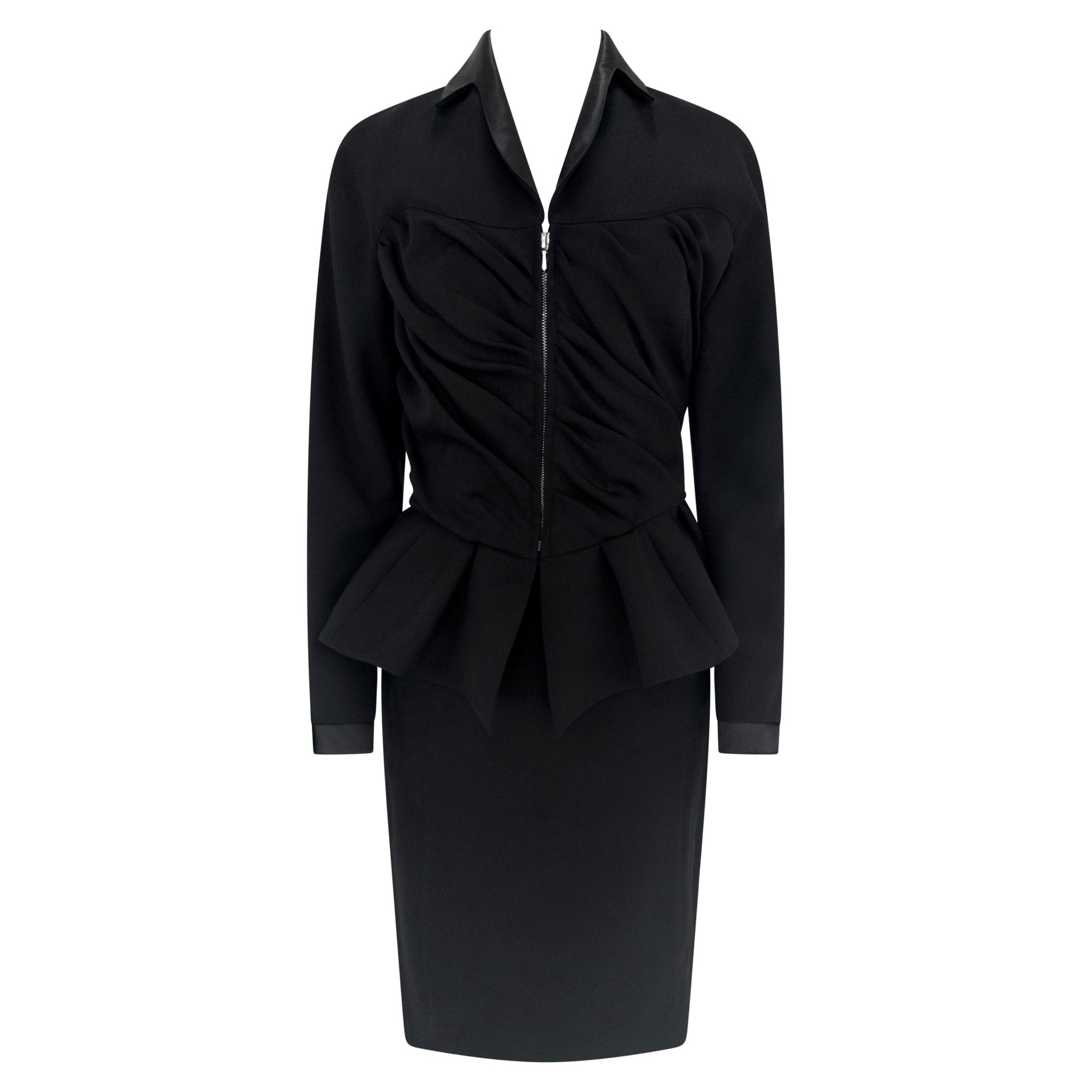 F/W 1992 Thierry Mugler Runway Faux Wrap Cinched Black Skirt Suit - RealList