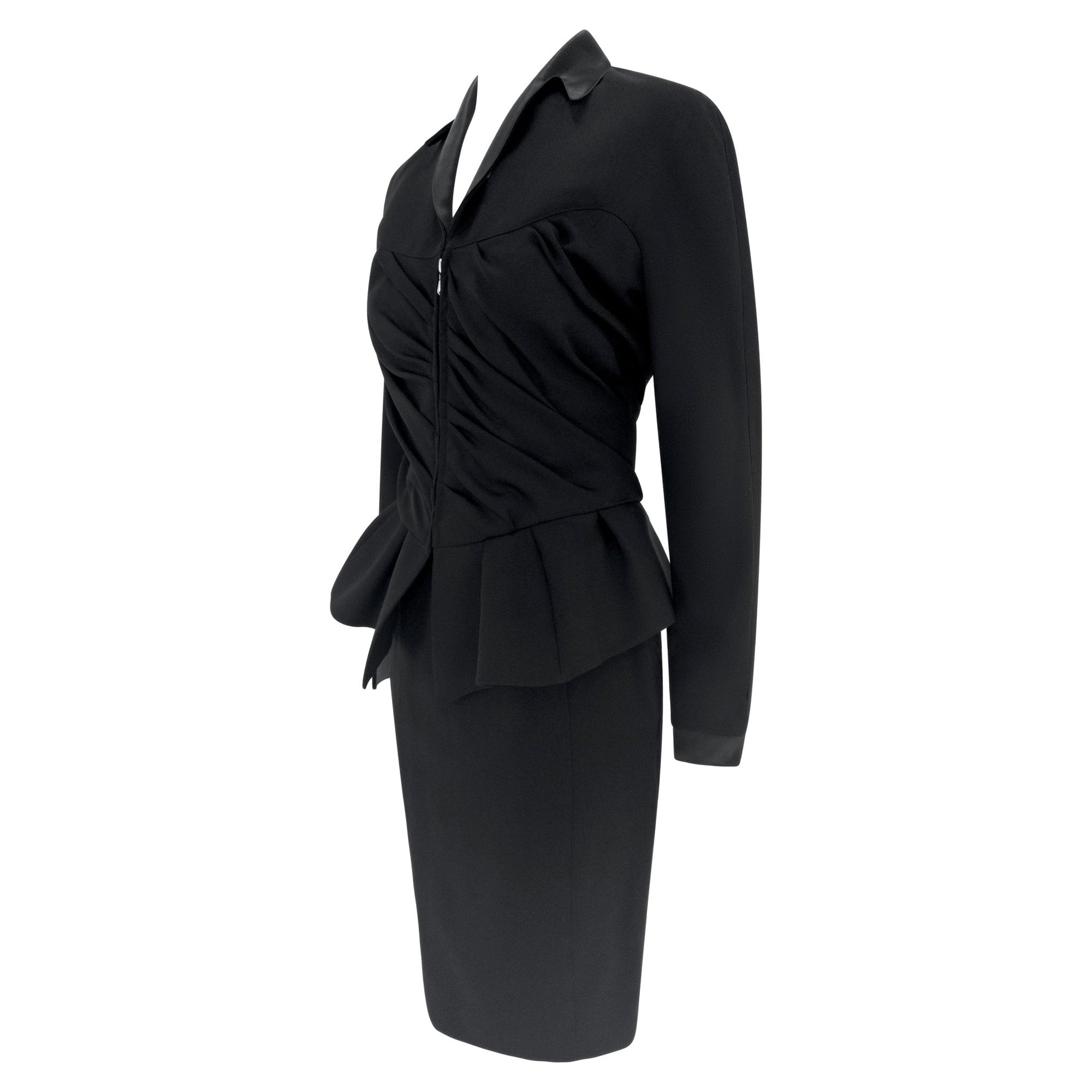 F/W 1992 Thierry Mugler Runway Faux Wrap Cinched Black Skirt Suit - RealList