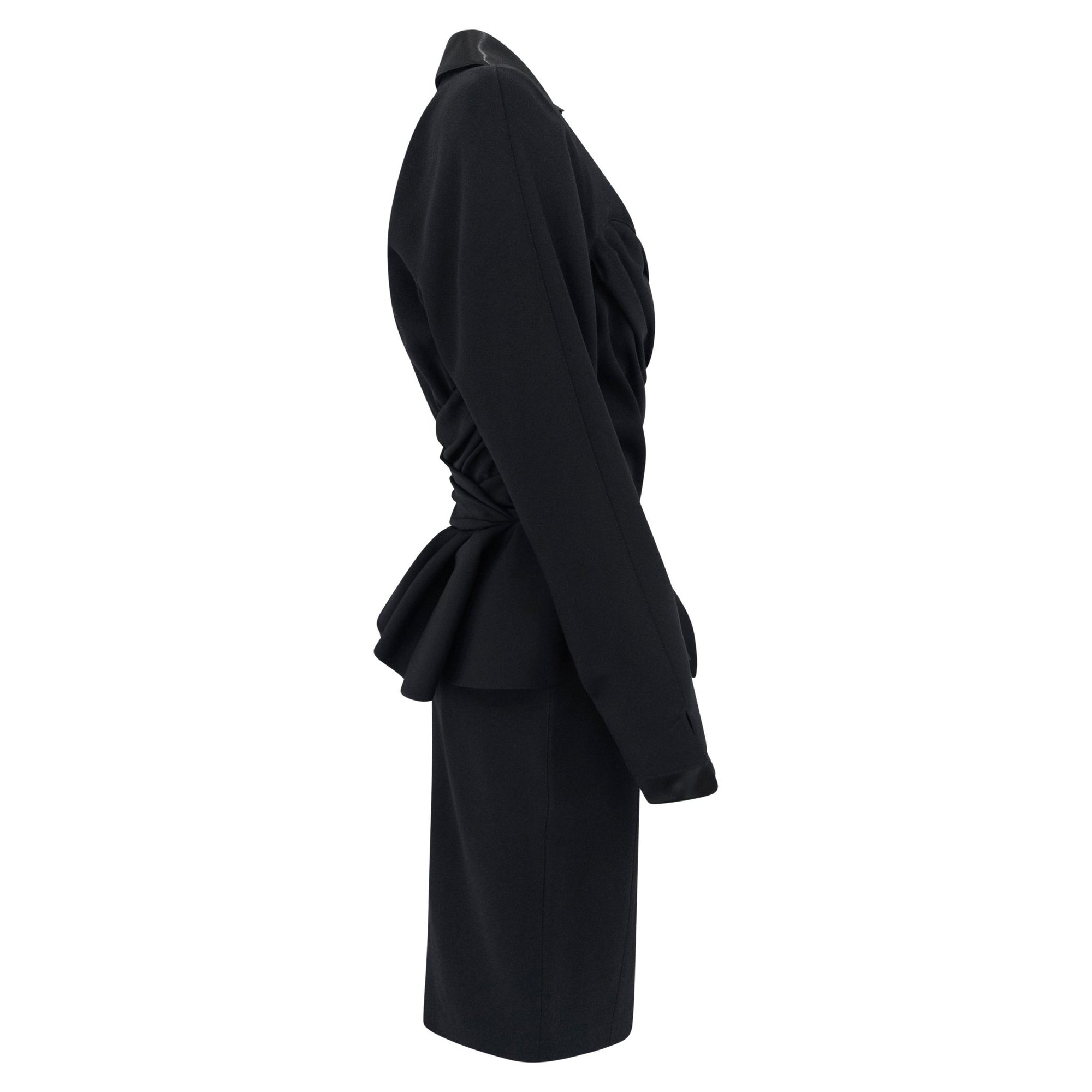 F/W 1992 Thierry Mugler Runway Faux Wrap Cinched Black Skirt Suit - RealList