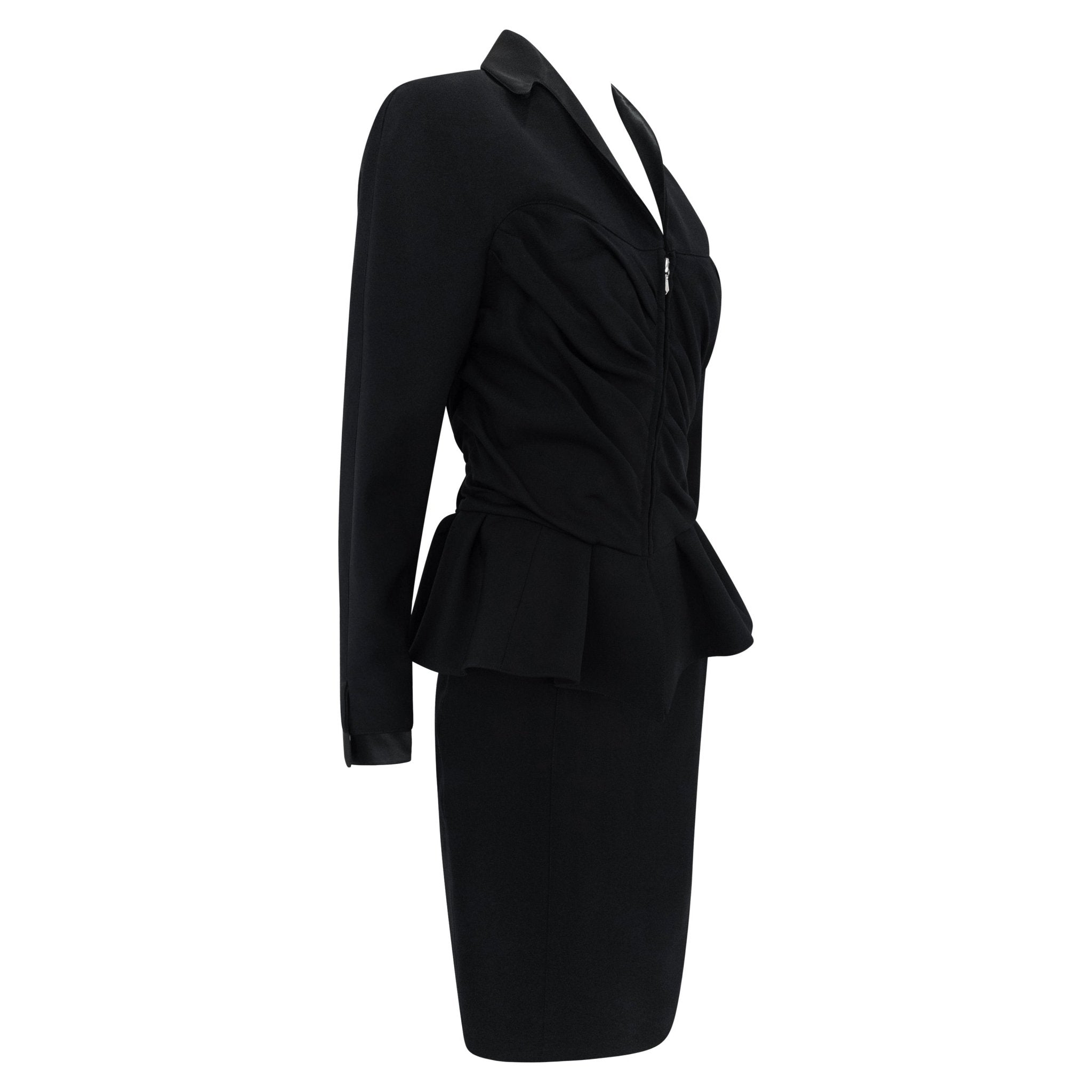 F/W 1992 Thierry Mugler Runway Faux Wrap Cinched Black Skirt Suit - RealList