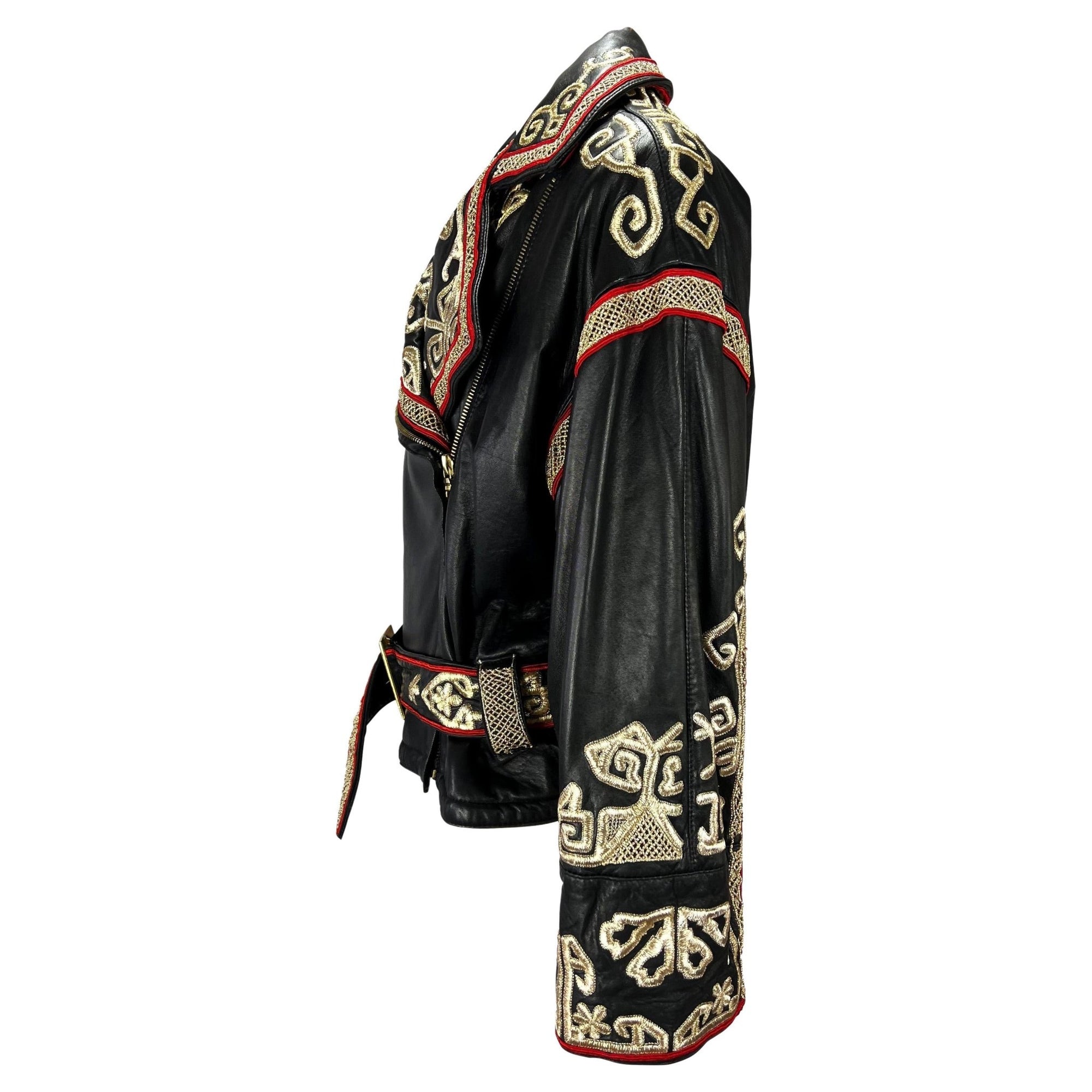 F/W 1992 Valentino Garavani Runway Gold Embroidered Leather Biker Jacket - RealList