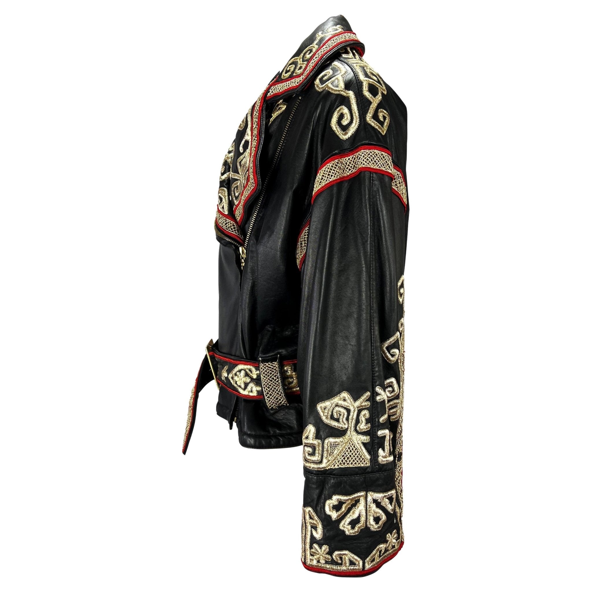F/W 1992 Valentino Garavani Runway Gold Embroidered Leather Biker Jacket - RealList