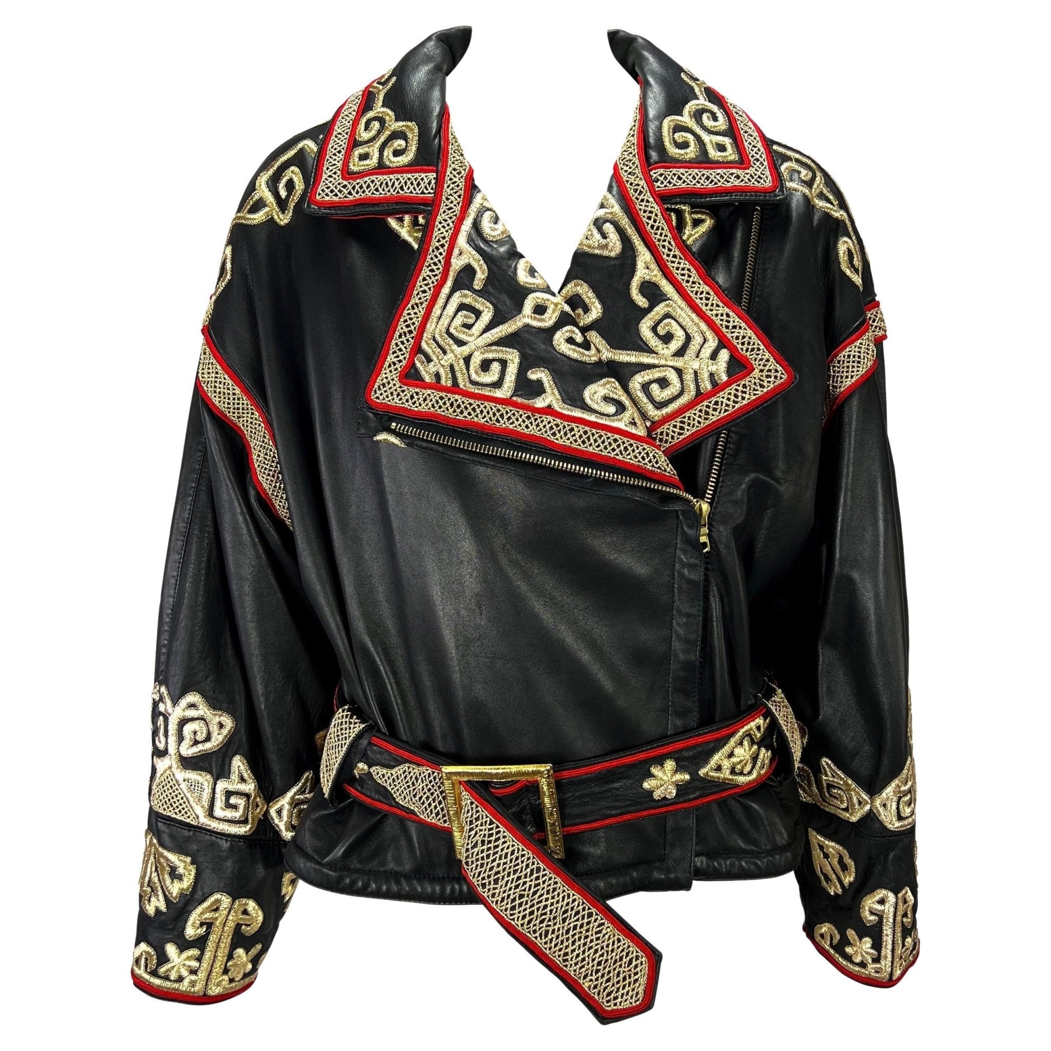 F/W 1992 Valentino Garavani Runway Gold Embroidered Leather Biker Jacket - RealList