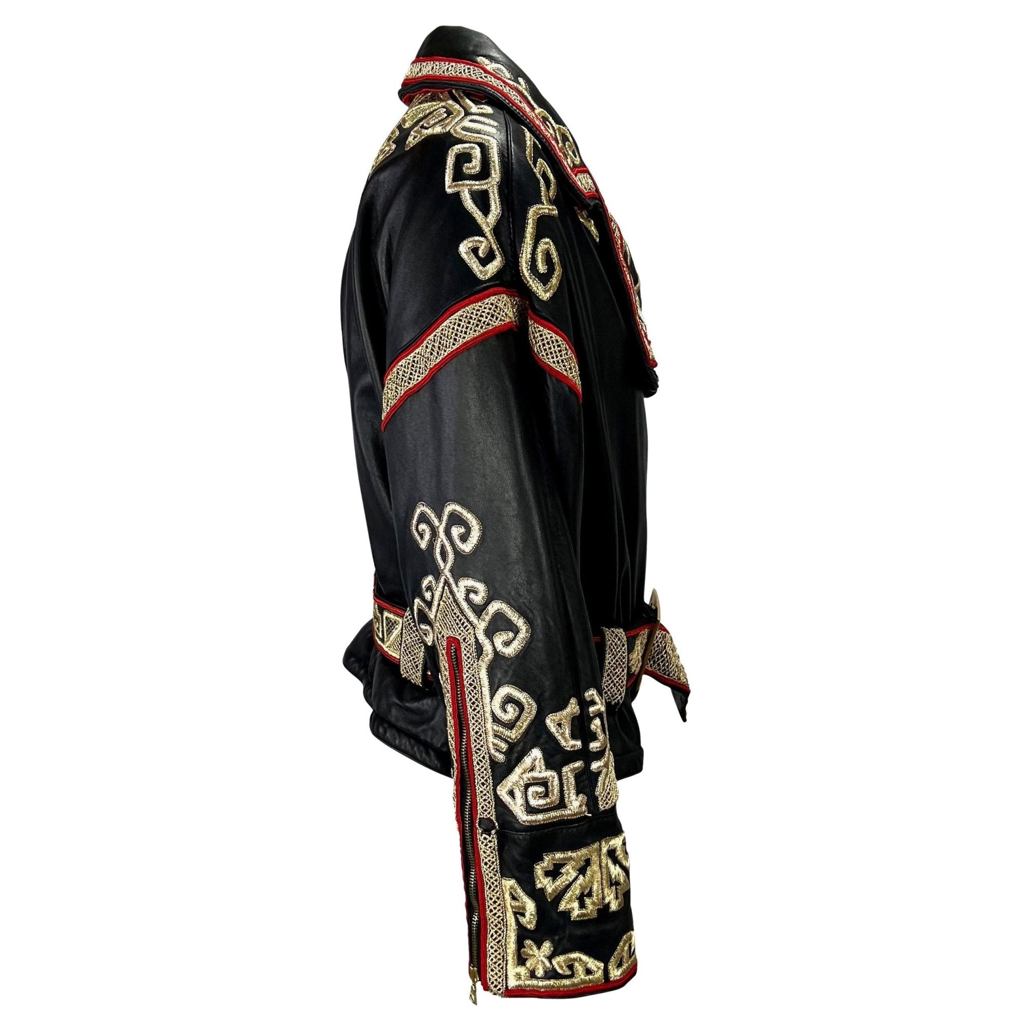 F/W 1992 Valentino Garavani Runway Gold Embroidered Leather Biker Jacket - RealList