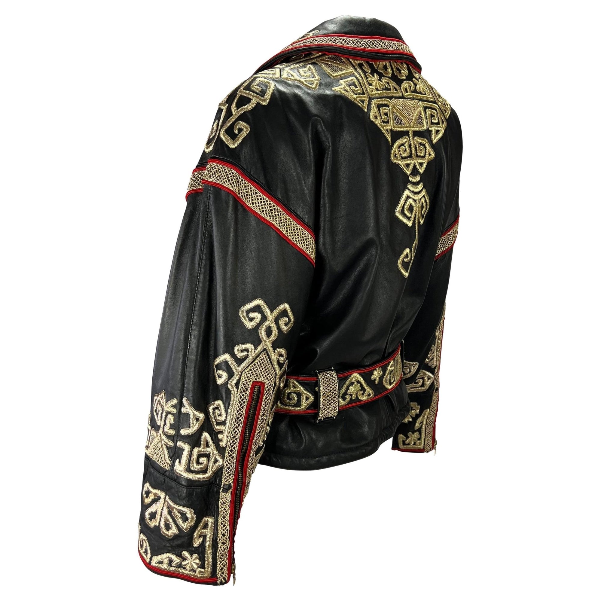 F/W 1992 Valentino Garavani Runway Gold Embroidered Leather Biker Jacket - RealList