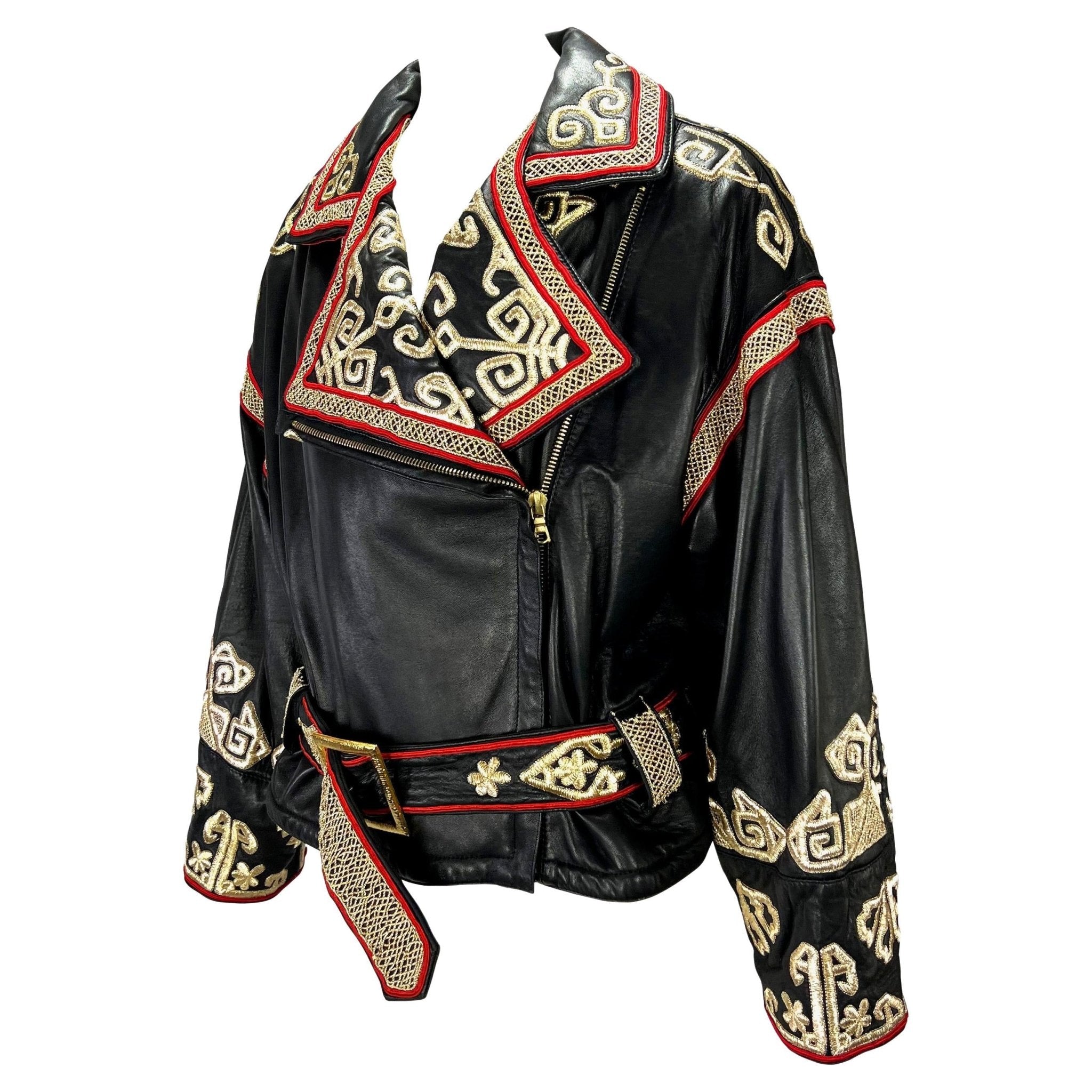 F/W 1992 Valentino Garavani Runway Gold Embroidered Leather Biker Jacket - RealList