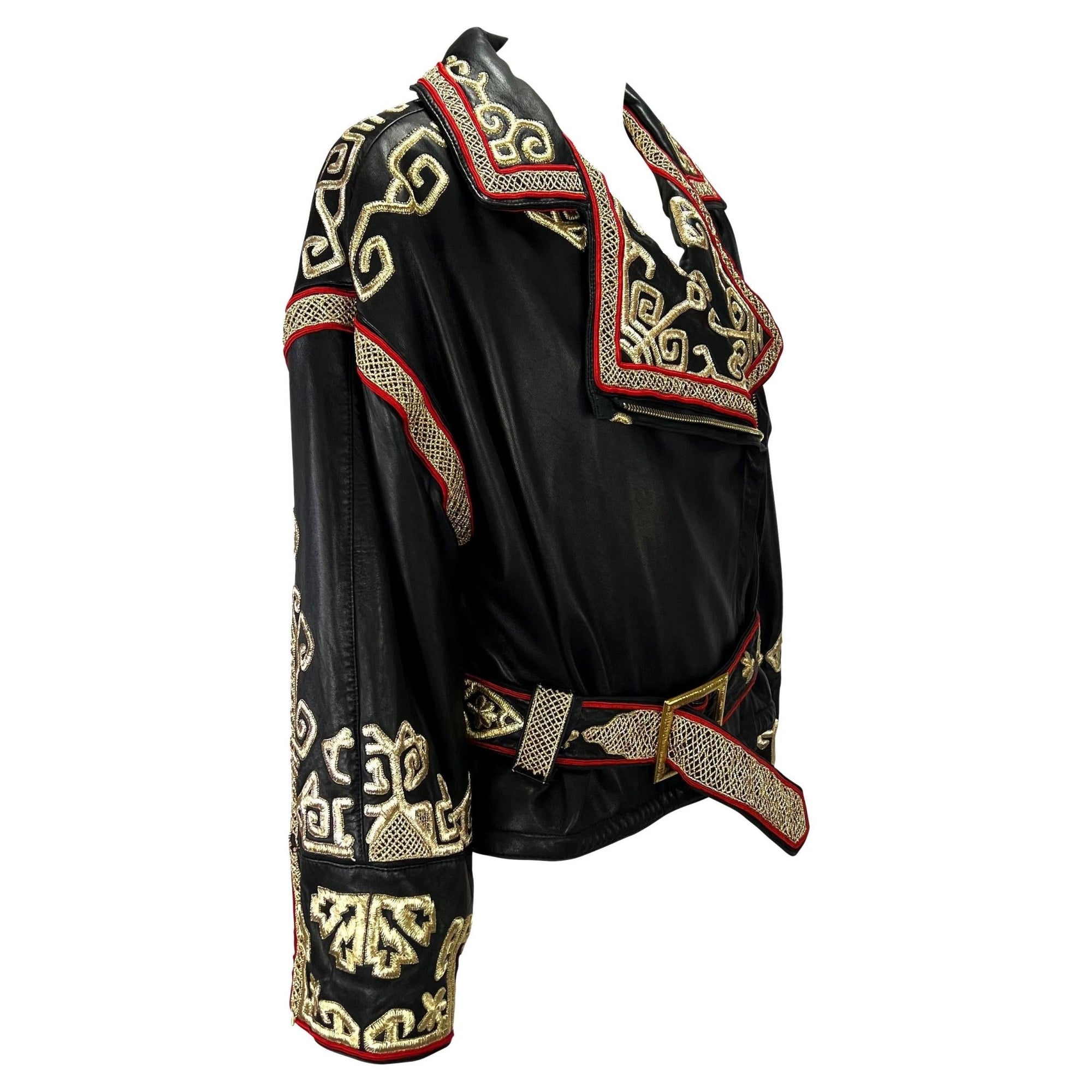 F/W 1992 Valentino Garavani Runway Gold Embroidered Leather Biker Jacket - RealList