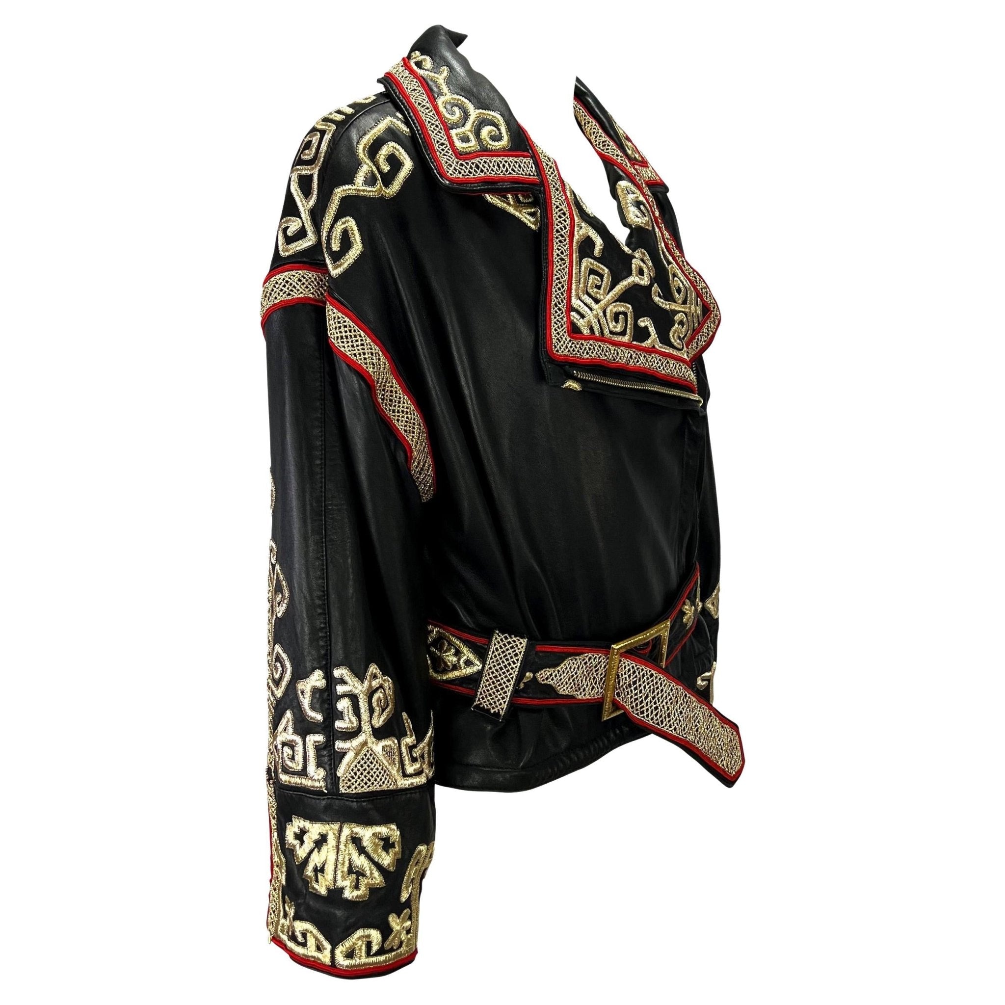 F/W 1992 Valentino Garavani Runway Gold Embroidered Leather Biker Jacket - RealList