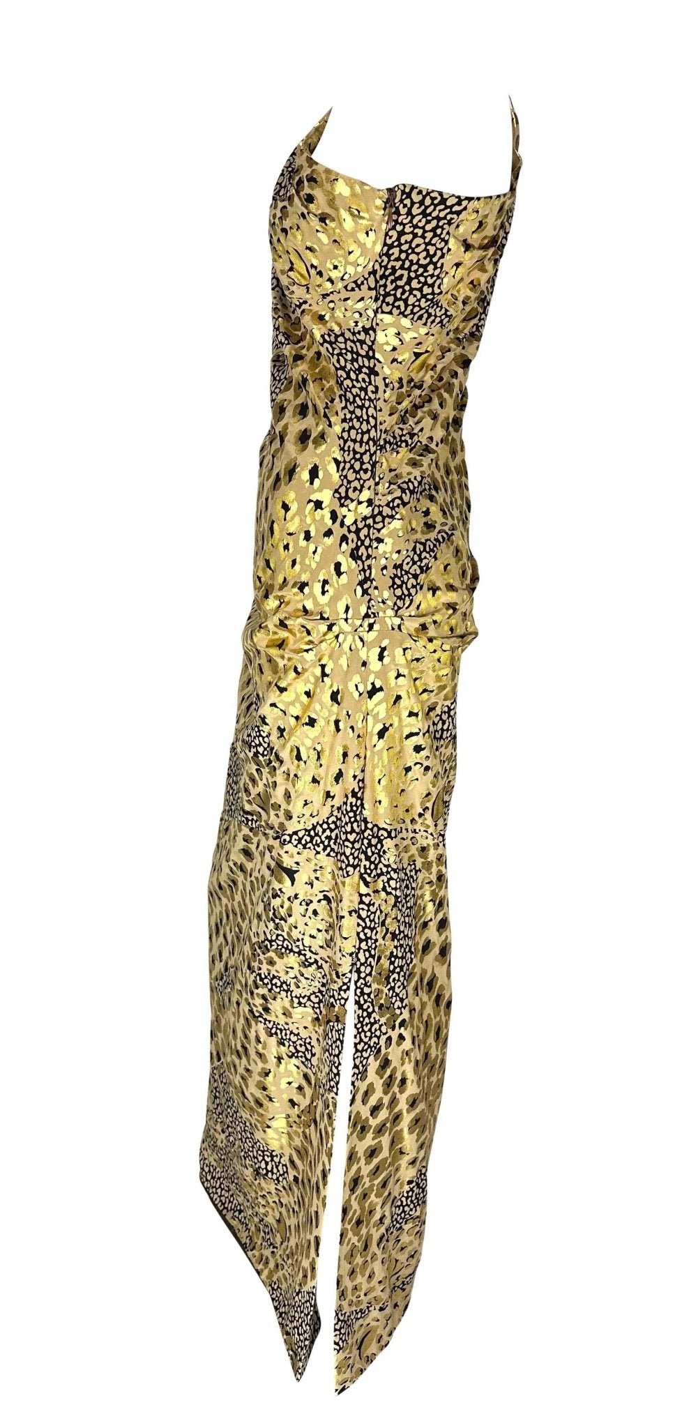 F/W 1992 Yves Saint Laurent Runway Gold Metallic Leopard Print Asymmetric Gown - RealList
