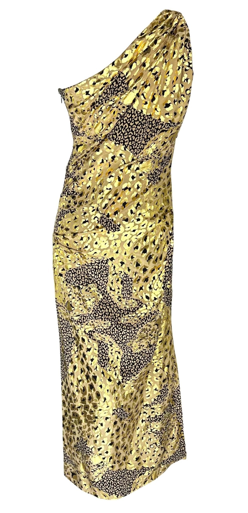 F/W 1992 Yves Saint Laurent Runway Gold Metallic Leopard Print Asymmetric Gown - RealList