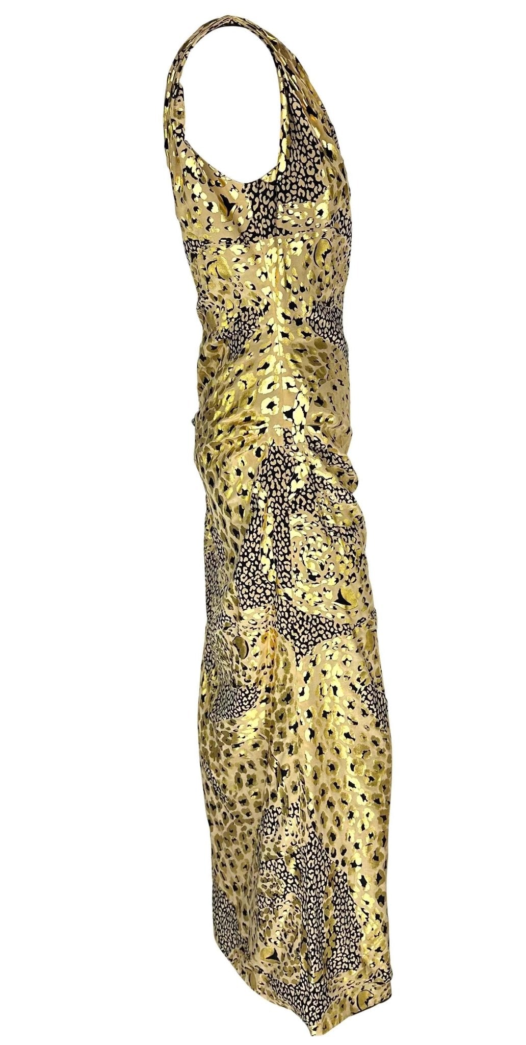 F/W 1992 Yves Saint Laurent Runway Gold Metallic Leopard Print Asymmetric Gown - RealList