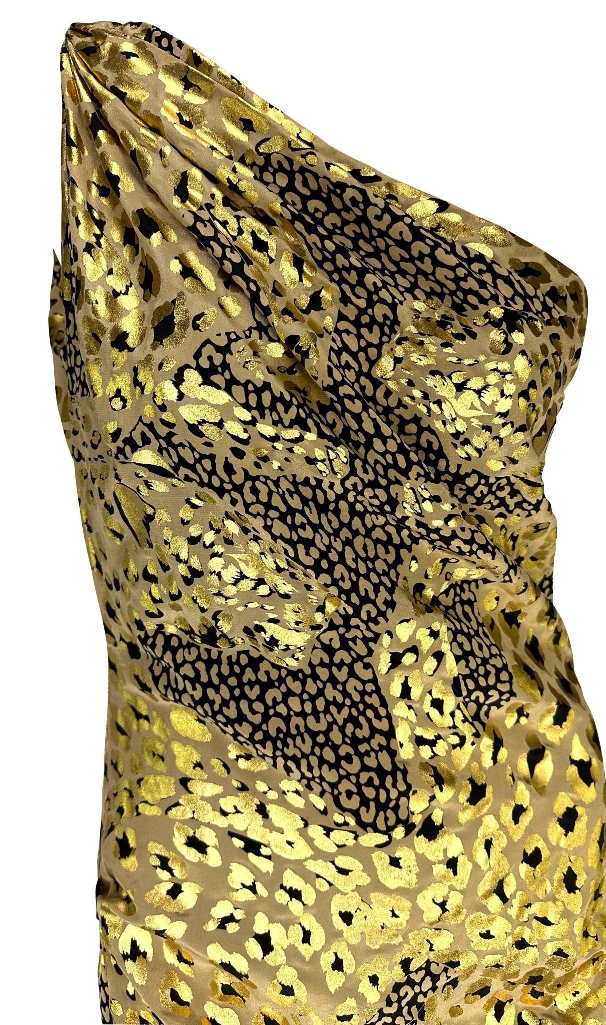 F/W 1992 Yves Saint Laurent Runway Gold Metallic Leopard Print Asymmetric Gown - RealList