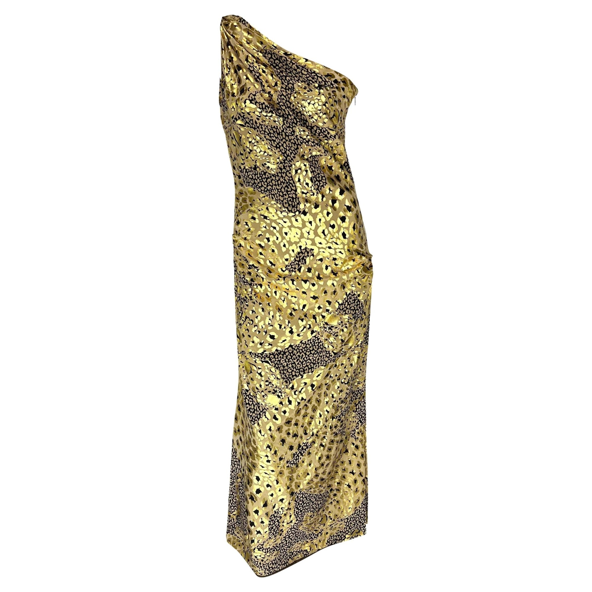 F/W 1992 Yves Saint Laurent Runway Gold Metallic Leopard Print Asymmetric Gown - RealList