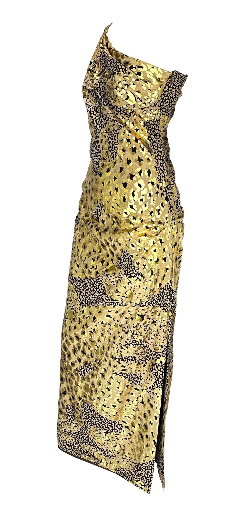 F/W 1992 Yves Saint Laurent Runway Gold Metallic Leopard Print Asymmetric Gown - RealList