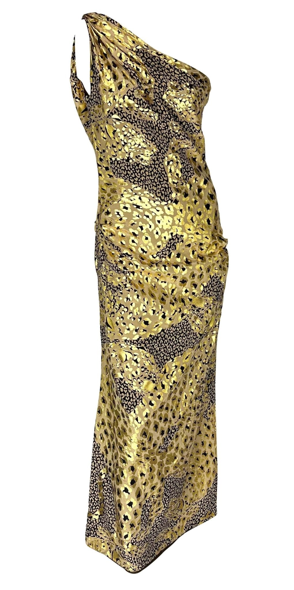 F/W 1992 Yves Saint Laurent Runway Gold Metallic Leopard Print Asymmetric Gown - RealList