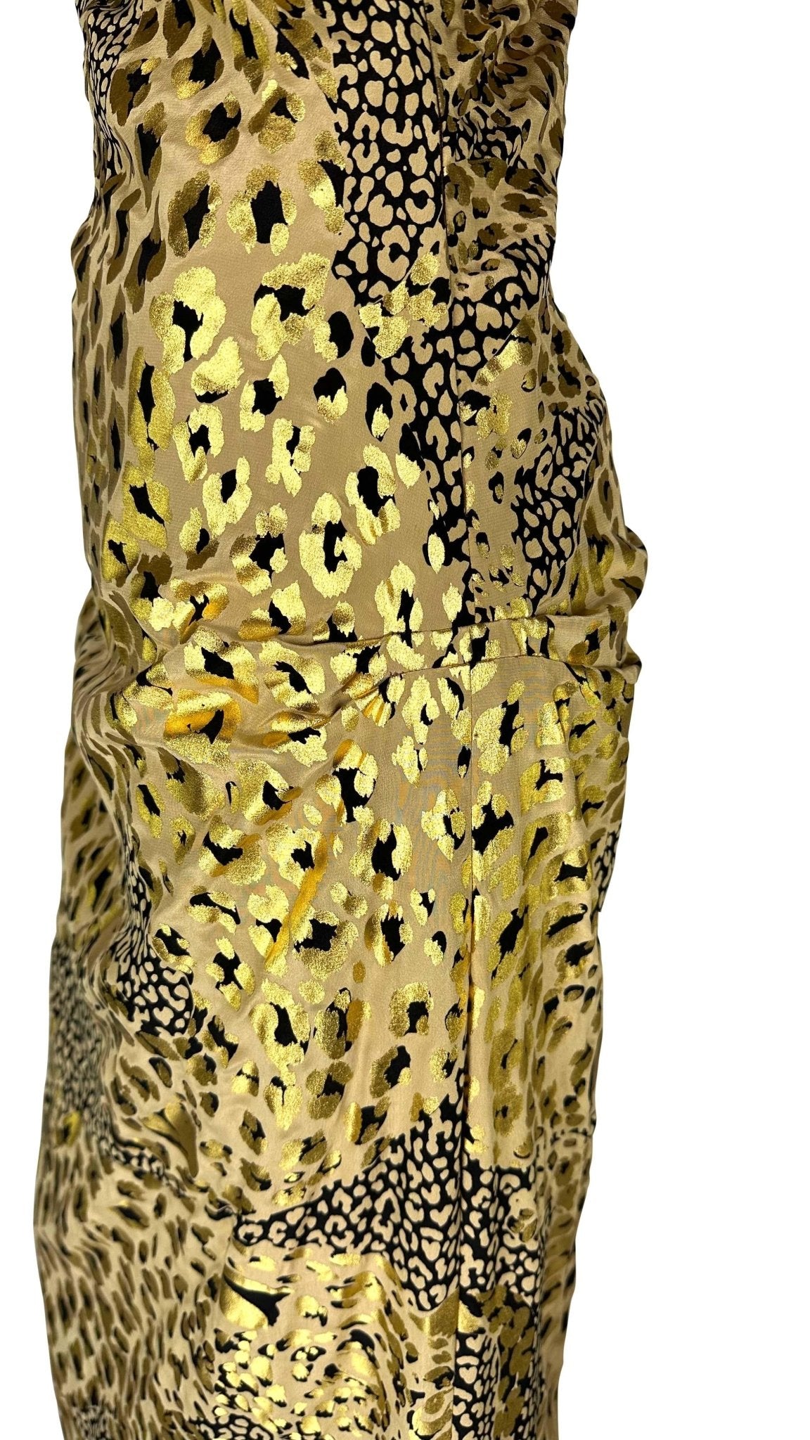 F/W 1992 Yves Saint Laurent Runway Gold Metallic Leopard Print Asymmetric Gown - RealList